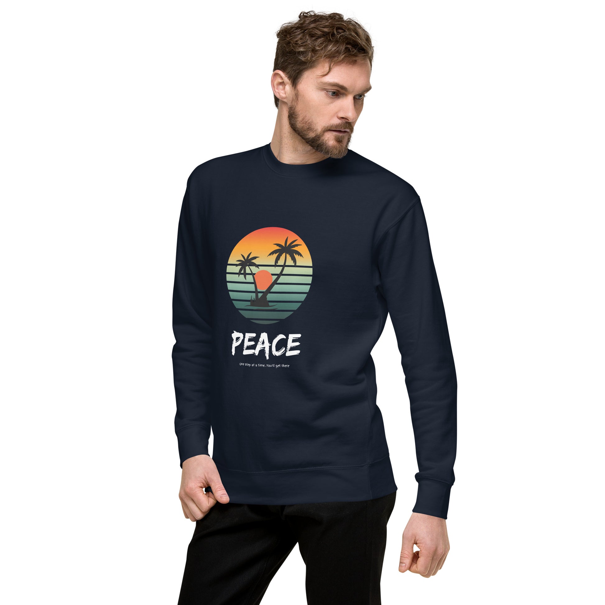 Image 16 of Charcoal Heather Quiet Peace Sweatshirt - Left Placement, size XL, with Peace artwork visible in front view, left-side angle.
