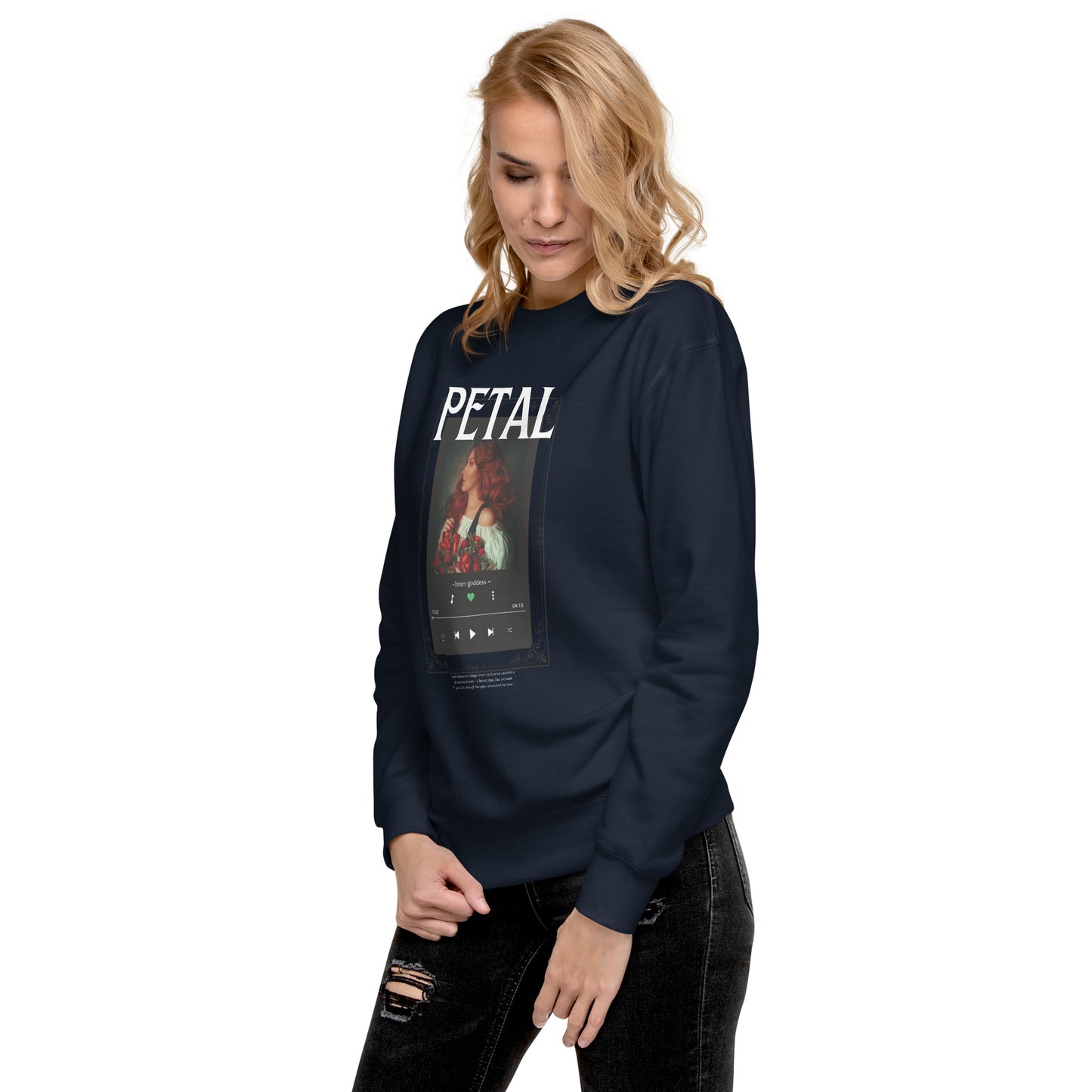 Image 10 of Navy Blazer Petaline Sweatshirt, size 2XL, with Petal artwork visible in front view, left-side angle.