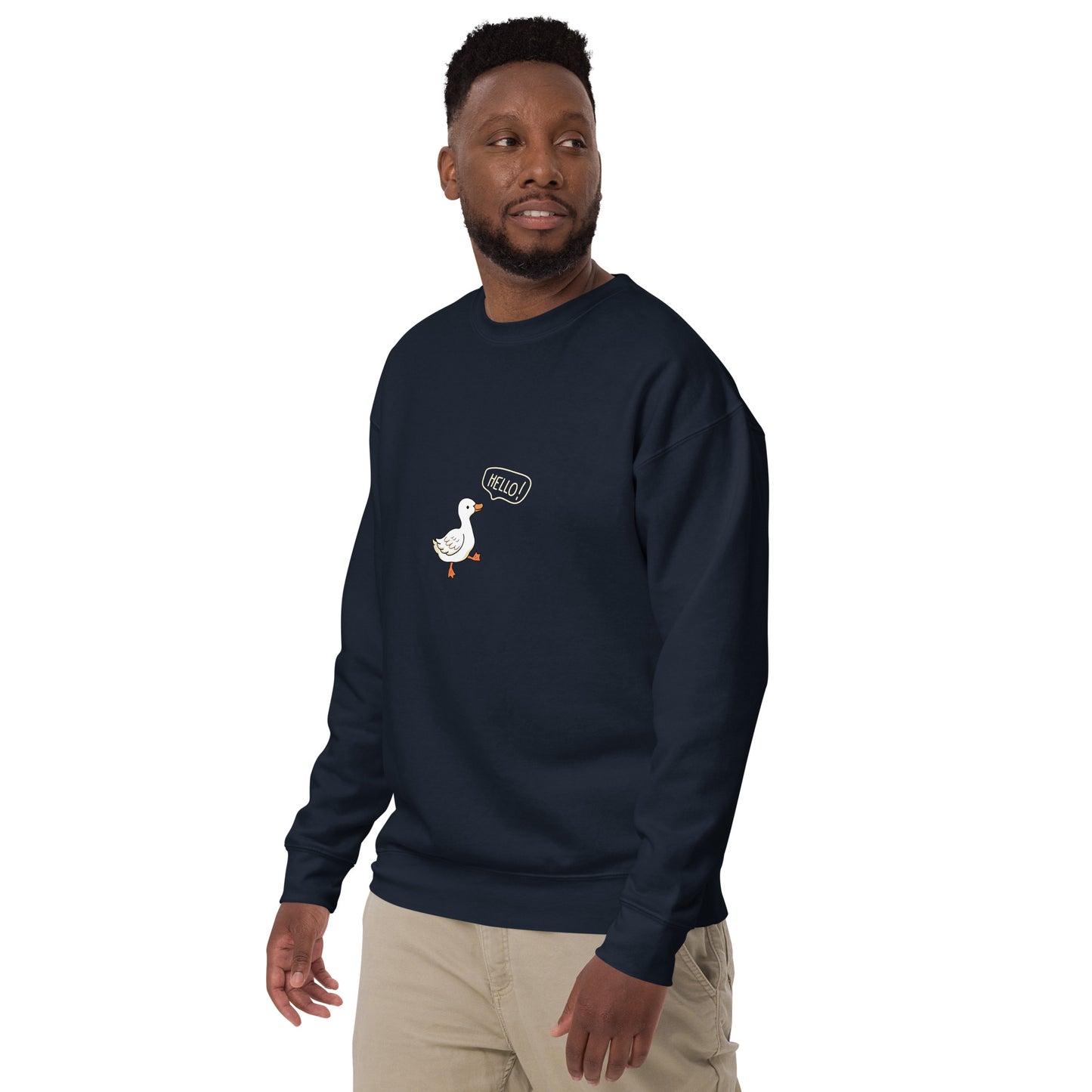Quacksy Sweatshirt by R.A. Apparel, image 6, front view, left-side angle, Navy Blazer, size S, design placement.