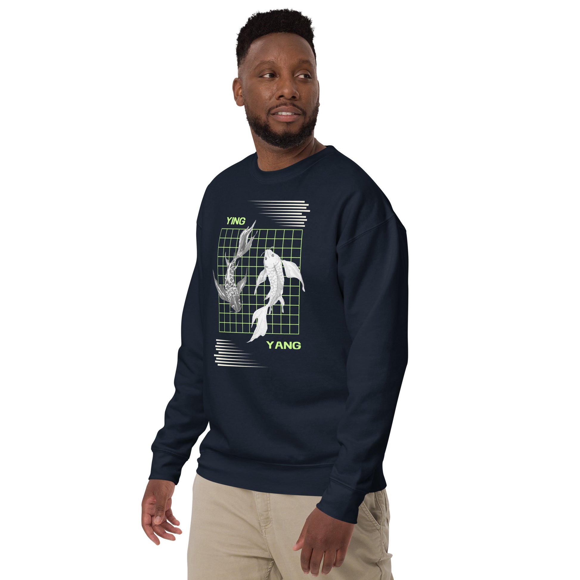 Equinoxe Sweatshirt image 6: Navy Blazer version, size S with front view, left-side angle of the Ying and Yang range.
