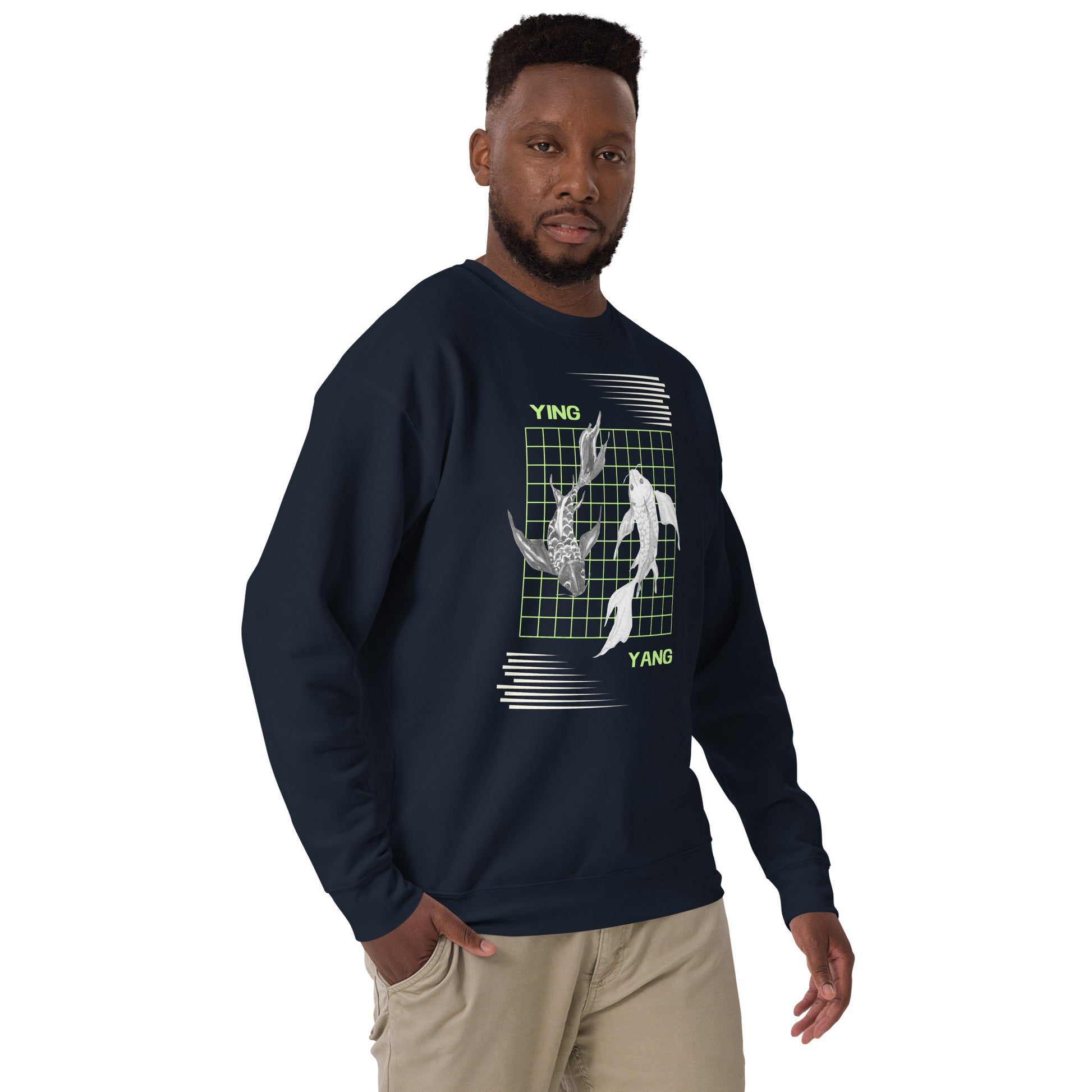 Equinoxe Sweatshirt image 7: Navy Blazer version, size M with front view, right-side angle of the Ying and Yang range.