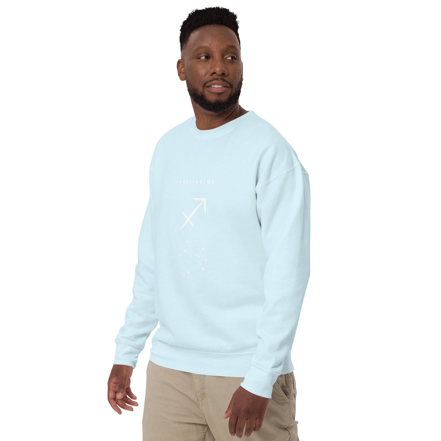 Arrowborne Sweatshirt - Left Placement image 71: Sky Blue version, size L with front view, left-side angle of the Sagittarius range.