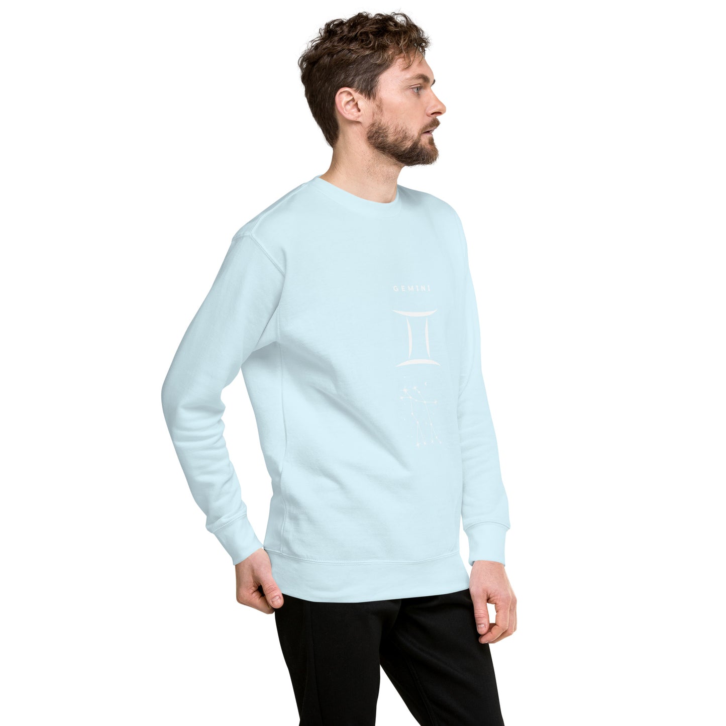 Image 107 of selected colour Twin Signal Sweatshirt - Left Placement, with Gemini artwork visible in front view, right-side angle.
