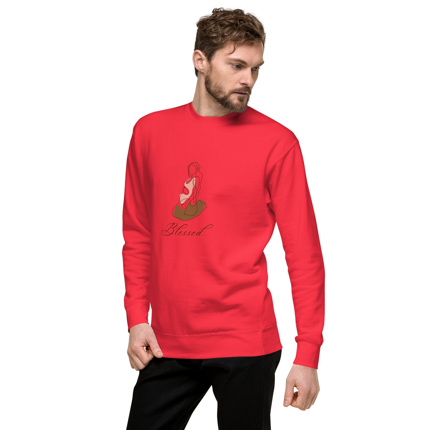 Image 62 of White Grace Mark Sweatshirt - Left Placement, size M, with Blessed artwork visible in front view, left-side angle.