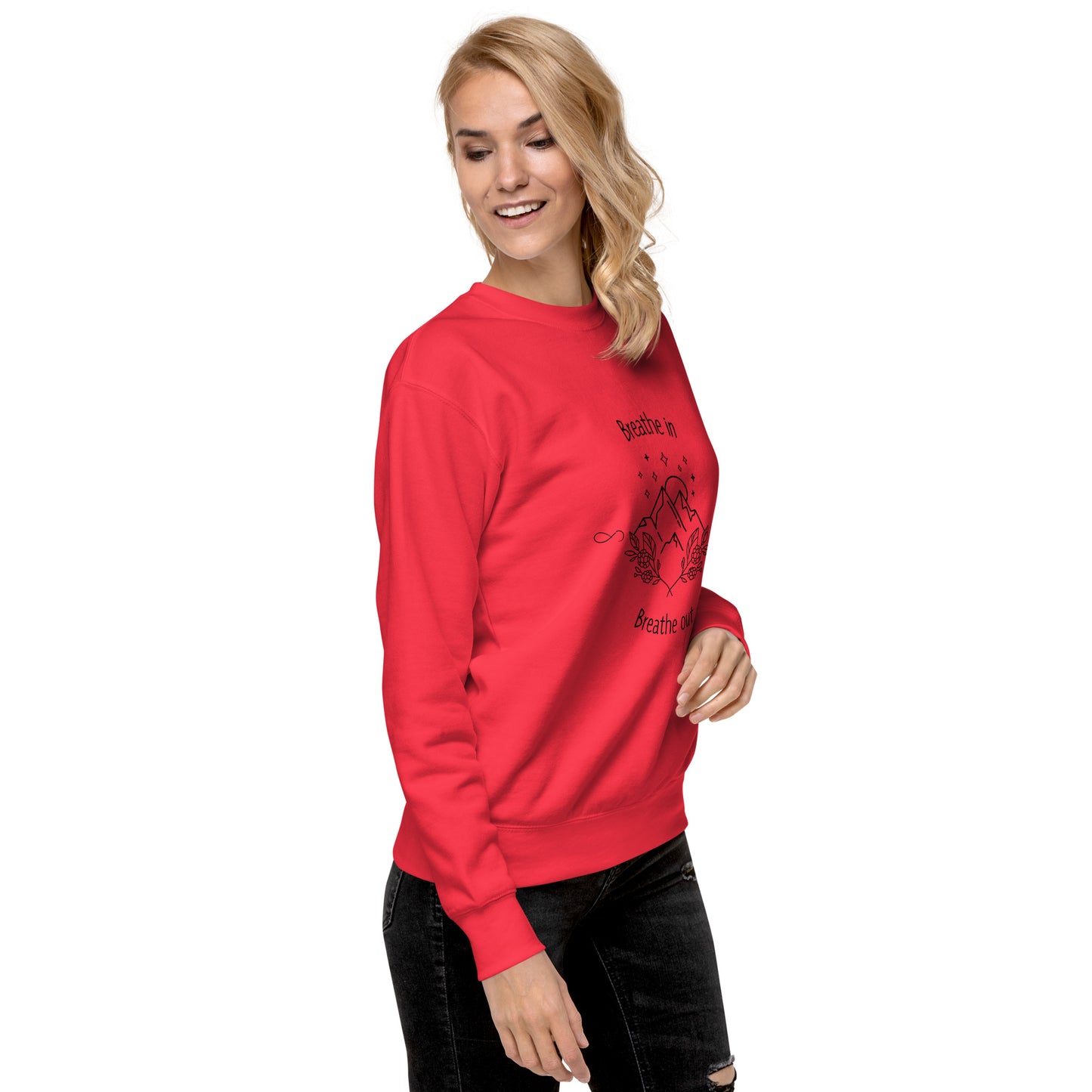 Exhale Sweatshirt - Left Placement image 76 in selected colour, showing front view, right-side angle for the Breathe in and Breathe Out design.