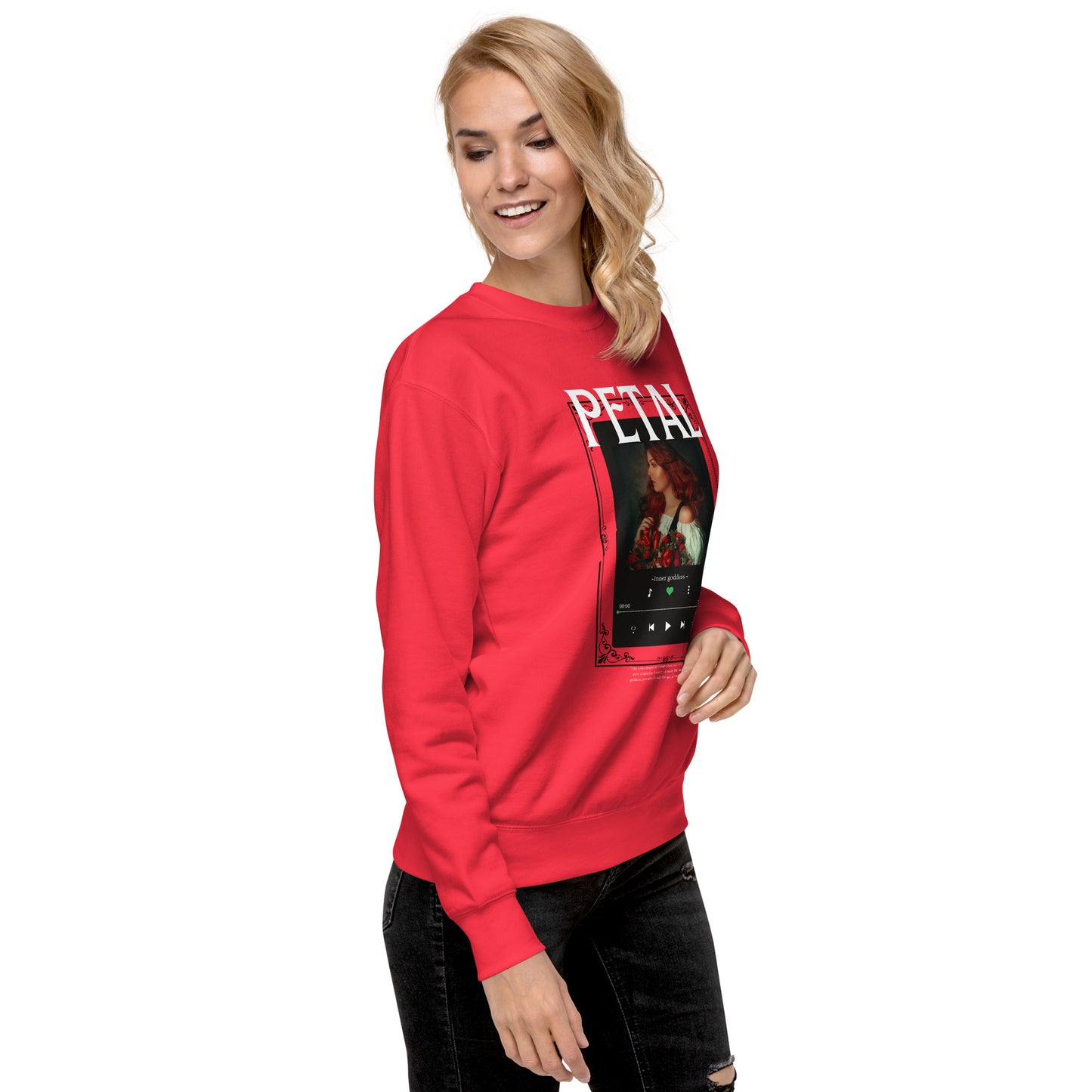 Petaline Sweatshirt by R.A. Apparel, image 55, front view, right-side angle, Dusty Rose, size 2XL, design placement.