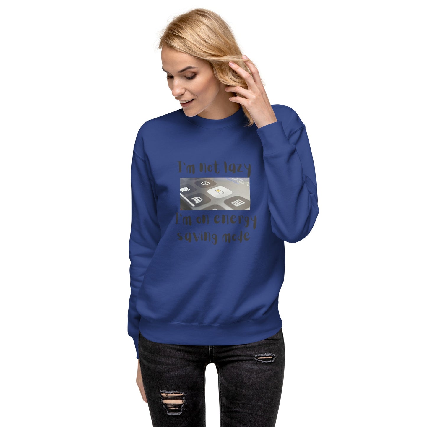 Low Power Sweatshirt - Left Placement image 2 in Navy Blazer, size M, showing front view for the Energy Saving design.