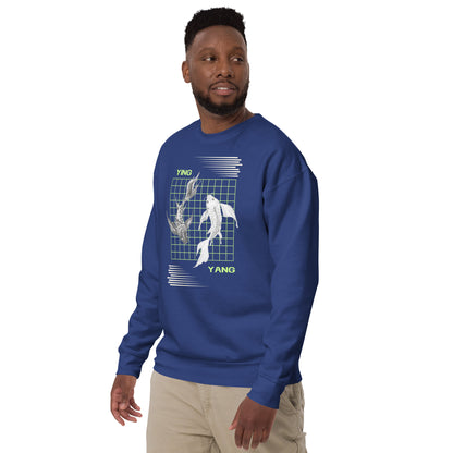 Image 18 of Charcoal Heather Equinoxe Sweatshirt, size L, with Ying and Yang artwork visible in front view, left-side angle.