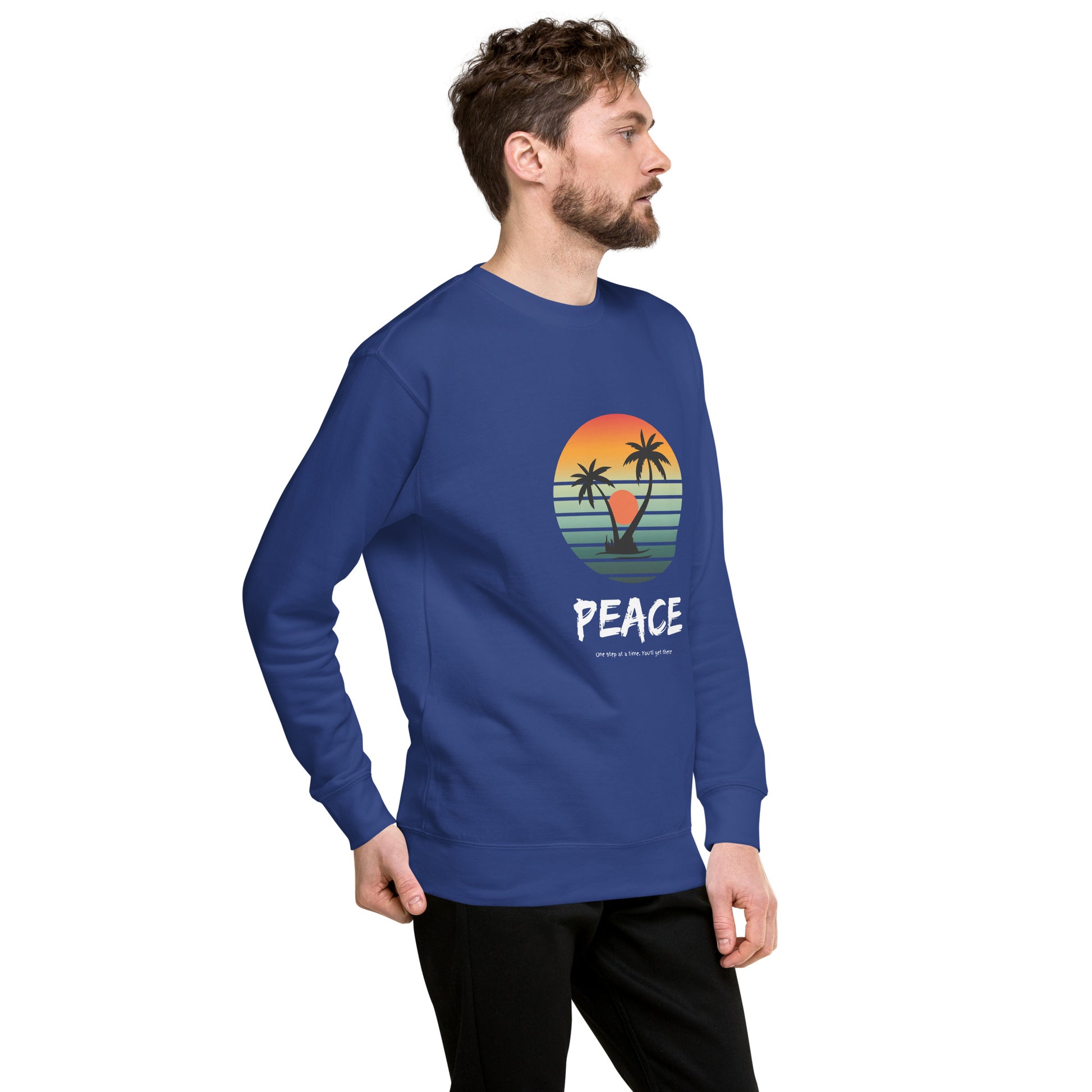 Image 26 of Vintage Black Quiet Peace Sweatshirt - Left Placement, size M, with Peace artwork visible in front view, right-side angle.