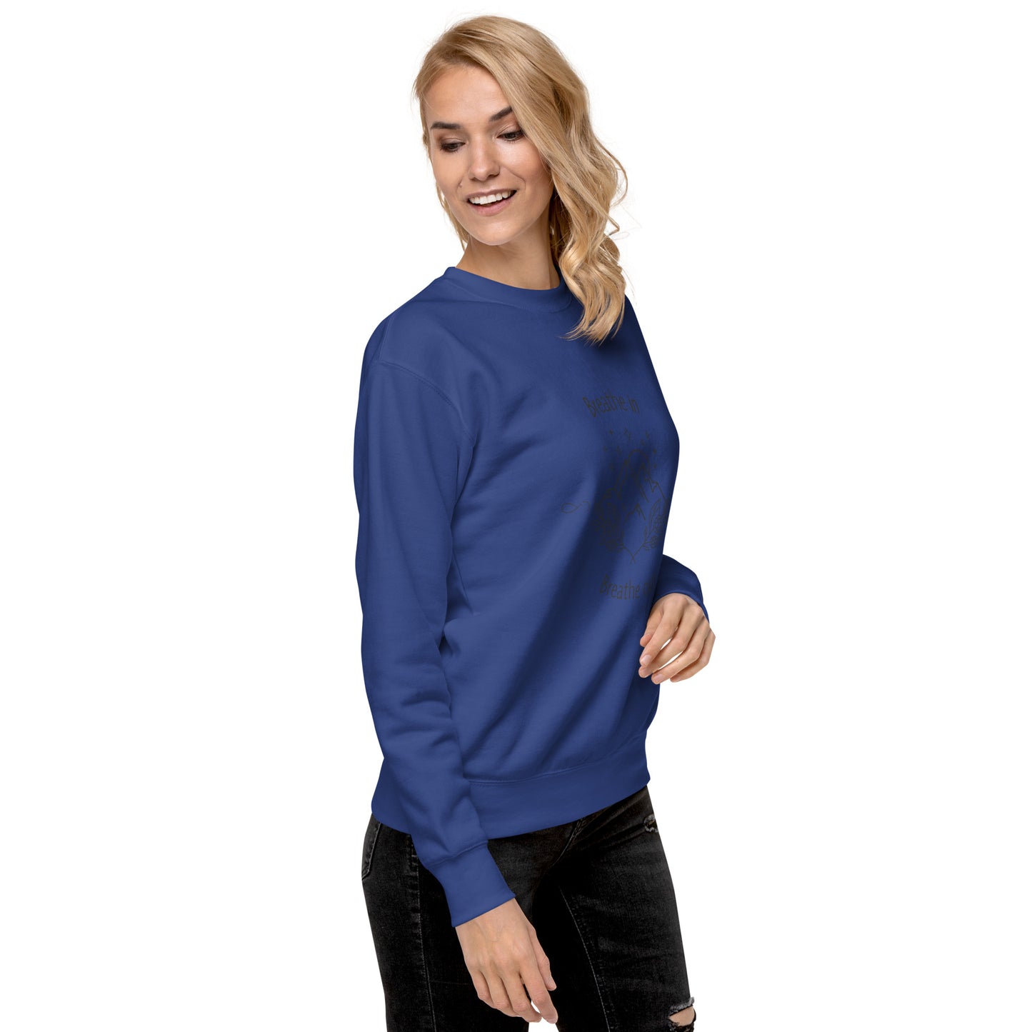 Exhale Sweatshirt - Left Placement image 46 in Dusty Rose, size XL, showing front view, right-side angle for the Breathe in and Breathe Out design.