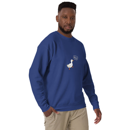 Quacksy Sweatshirt by R.A. Apparel, image 19, front view, right-side angle, Charcoal Heather, size XL, design placement.