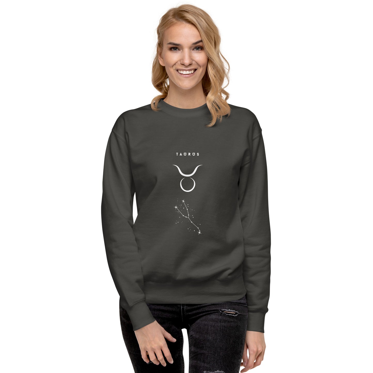 Image 37 of Latte Bullborne Sweatshirt - Left Placement, size S, with Taurus artwork visible in front view.
