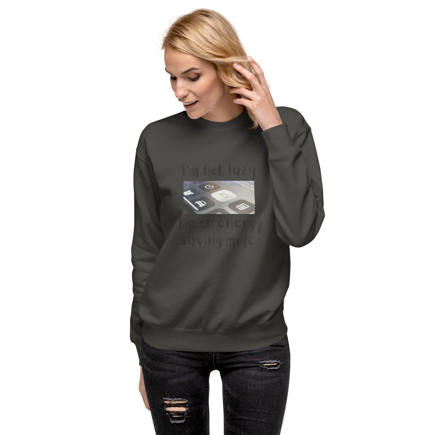 Low Power Sweatshirt - Left Placement image 3 in Navy Blazer, size L, showing front view for the Energy Saving design.
