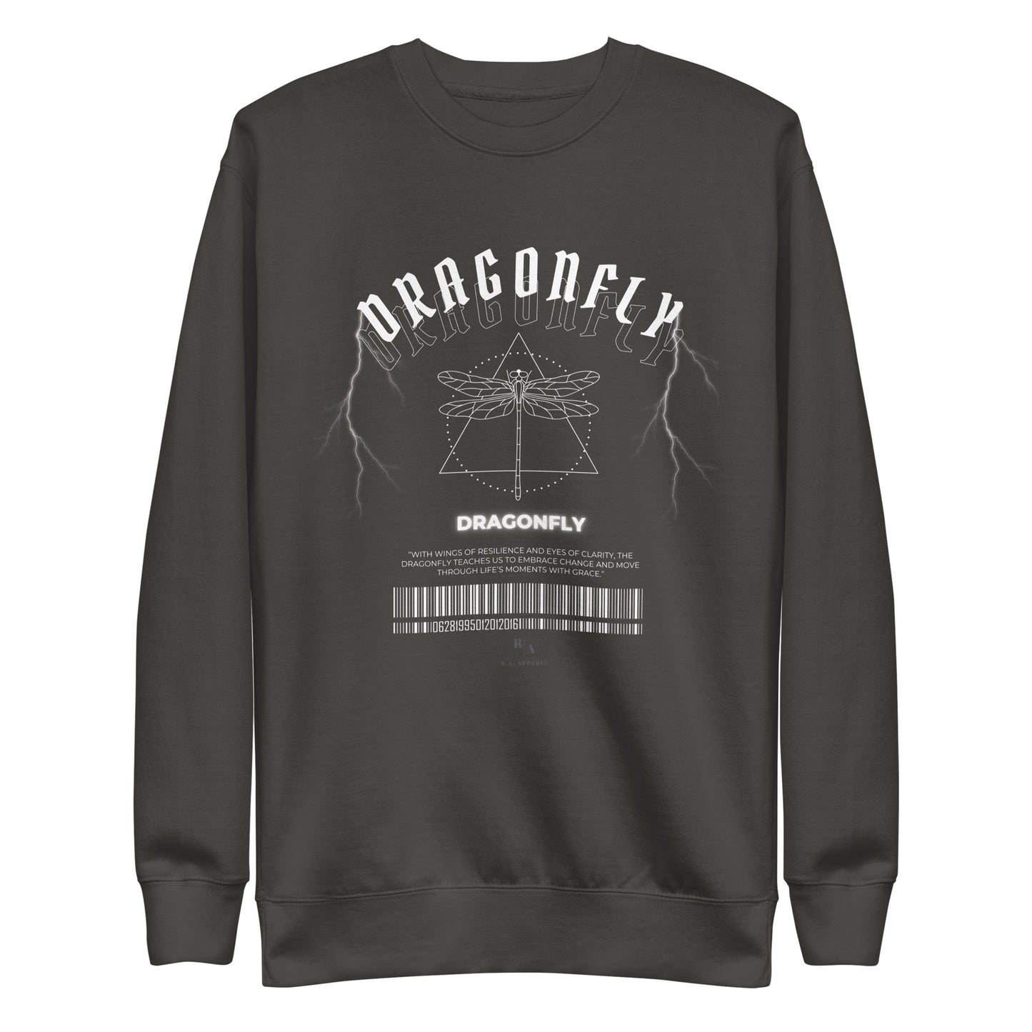 Dragonfly Sweatshirt - Left Placement image 5: Black version, size 2XL with front view of the Dragonfly range.