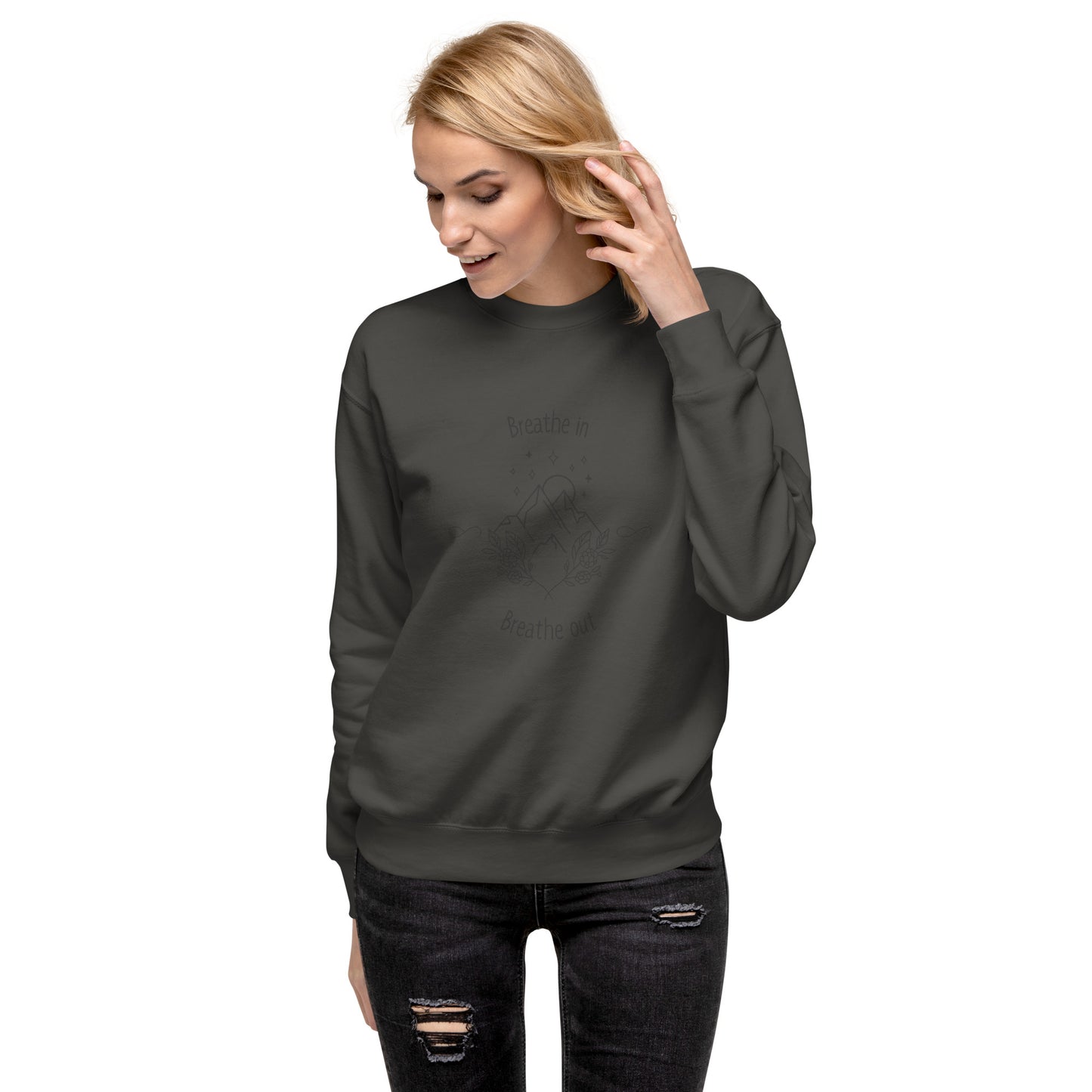 Exhale Sweatshirt - Left Placement image 64 in White, size XL, showing front view for the Breathe in and Breathe Out design.