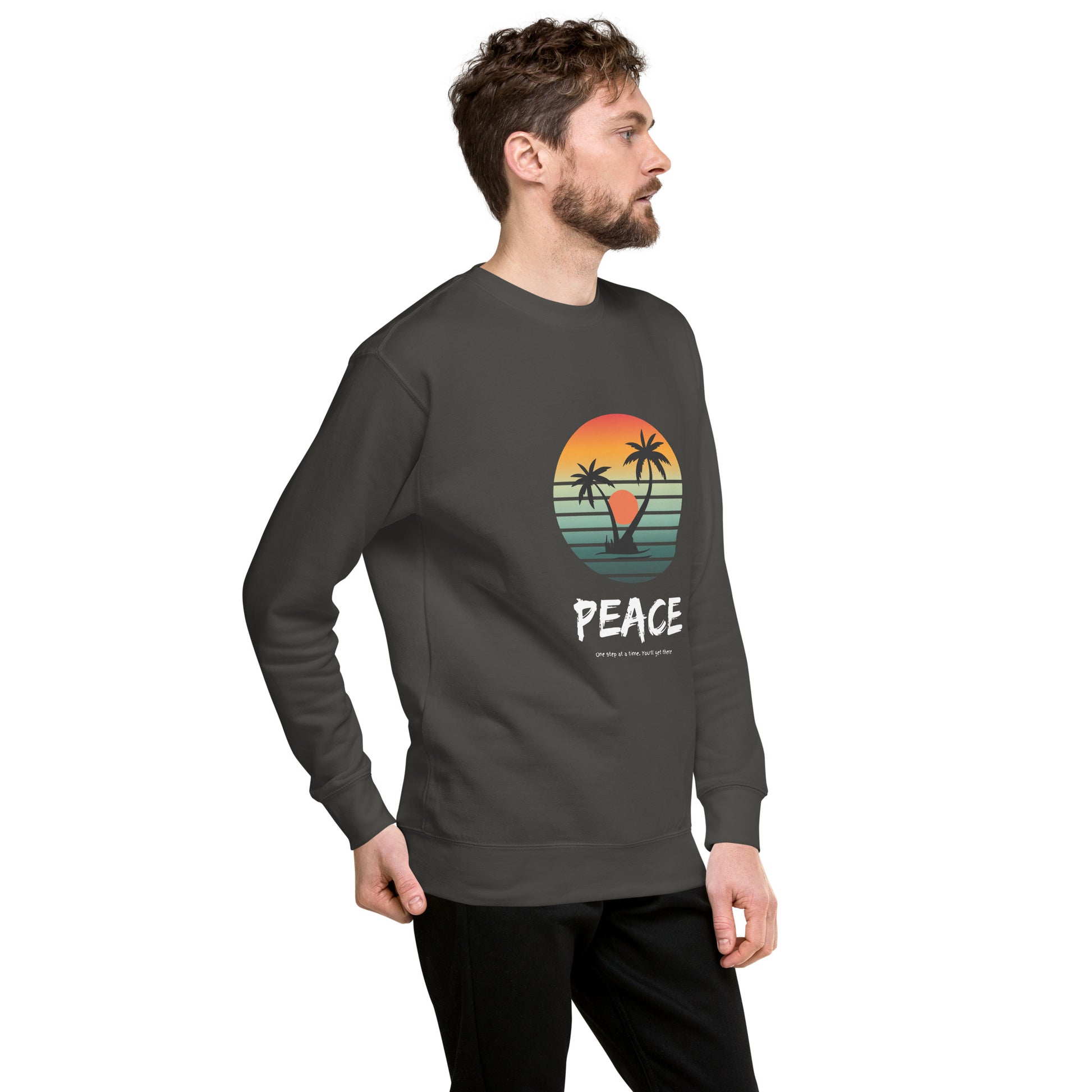 Image 38 of Team Red Quiet Peace Sweatshirt - Left Placement, size M, with Peace artwork visible in front view, right-side angle.