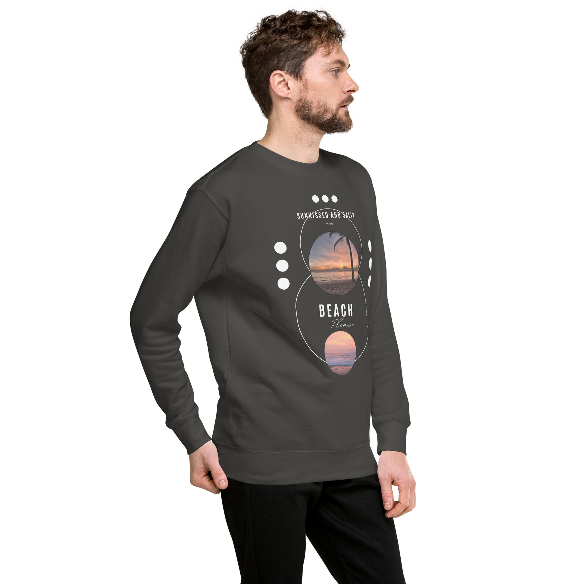 Image 60 of Bone Coastline Attitude Sweatshirt - Left Placement, size 3XL, with Beach Please artwork visible in front view, right-side angle.
