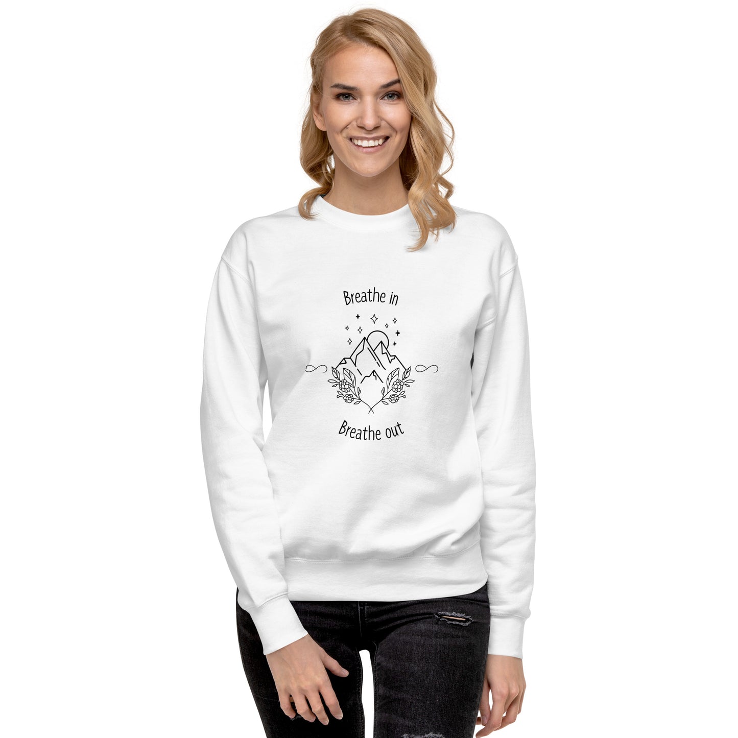 Exhale Sweatshirt - Left Placement image 9 in Navy Blazer, size L, showing front view for the Breathe in and Breathe Out design.