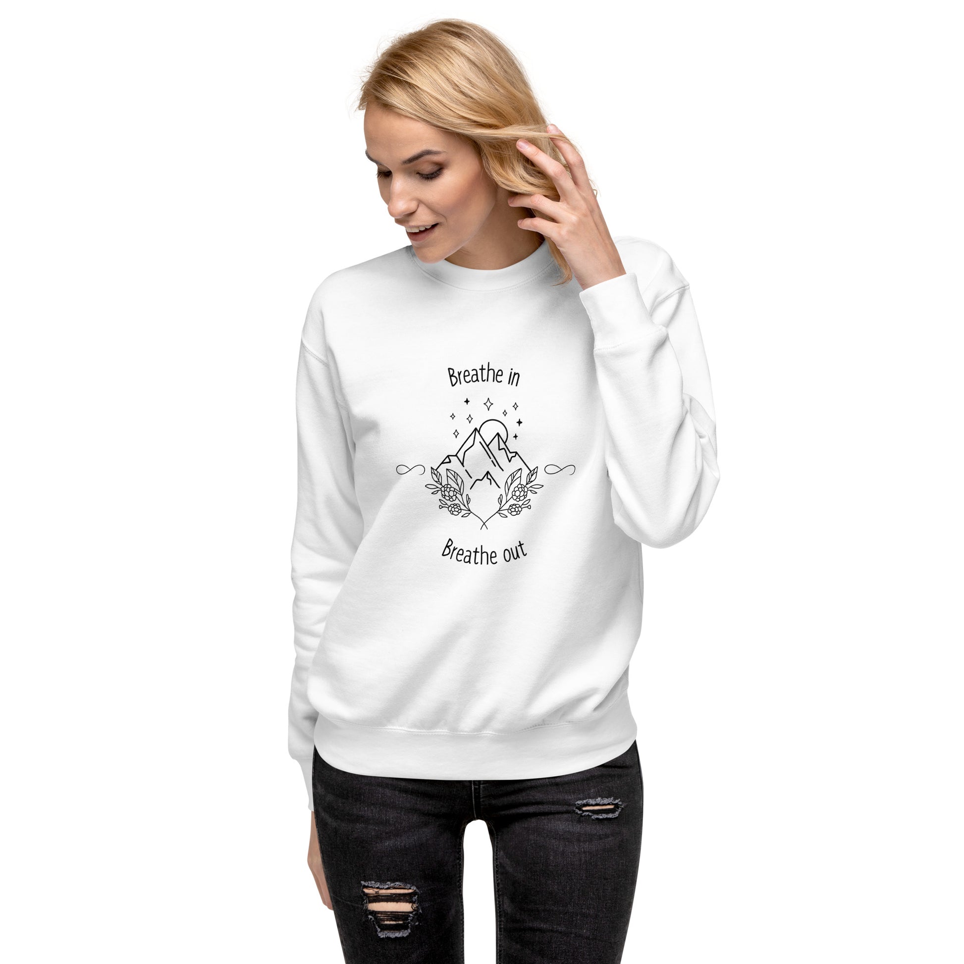 Image 8 of Navy Blazer Exhale Sweatshirt - Left Placement, size M, with Breathe in and Breathe Out artwork visible in front view.