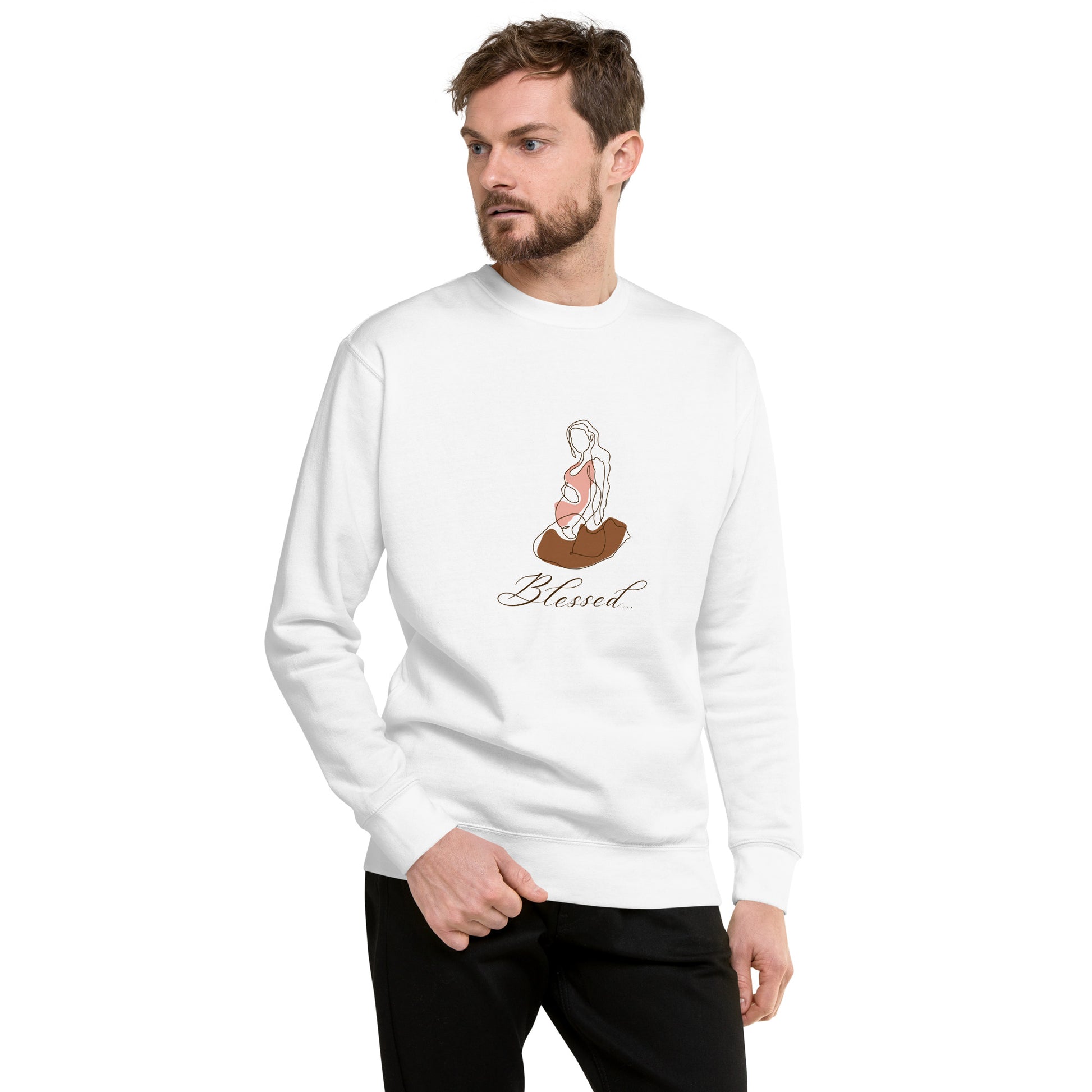 Image 7 of Navy Blazer Grace Mark Sweatshirt - Left Placement, size S, with Blessed artwork visible in front view.