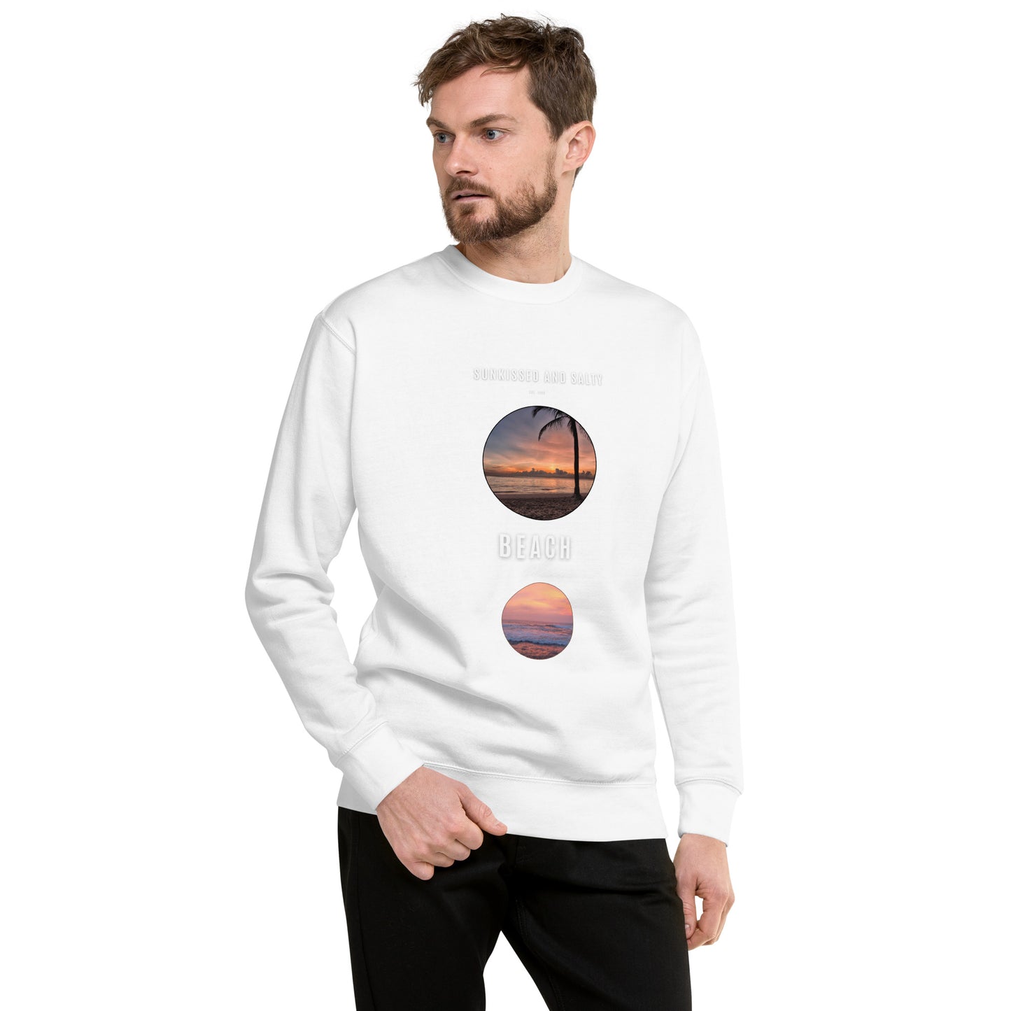 Coastline Attitude Sweatshirt - Left Placement image 7: Navy Blazer version, size S with front view of the Beach Please range.