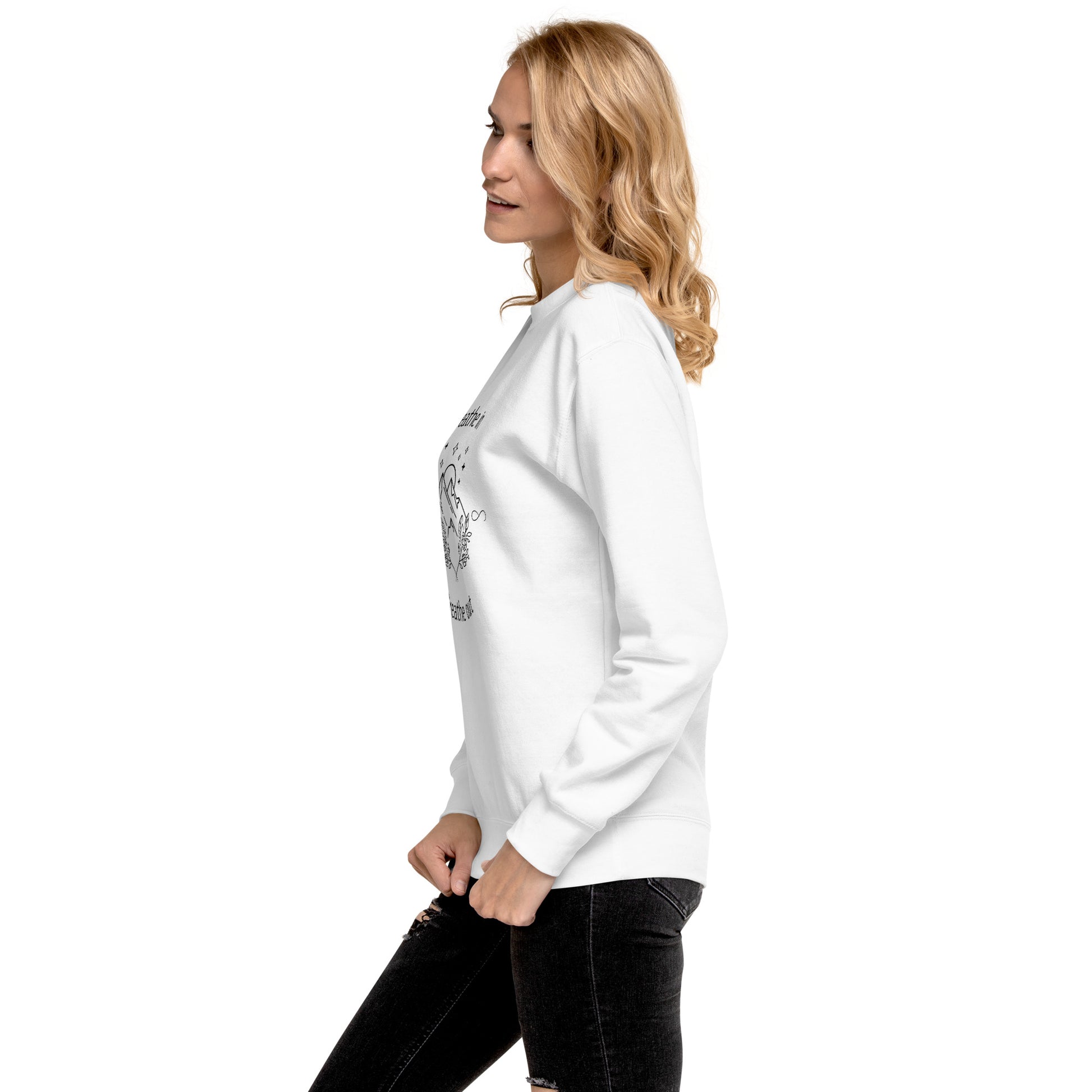 Exhale Sweatshirt - Left Placement image 12: Navy Blazer version, size 3XL with left-side angle of the Breathe in and Breathe Out range.