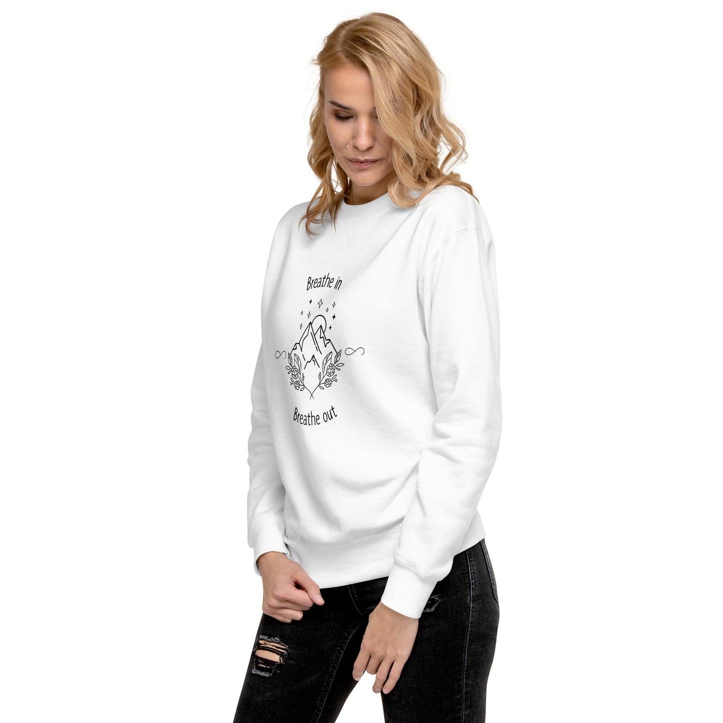 Exhale Sweatshirt - Left Placement product image 10 in Navy Blazer, size XL, with front view, left-side angle and left placement.