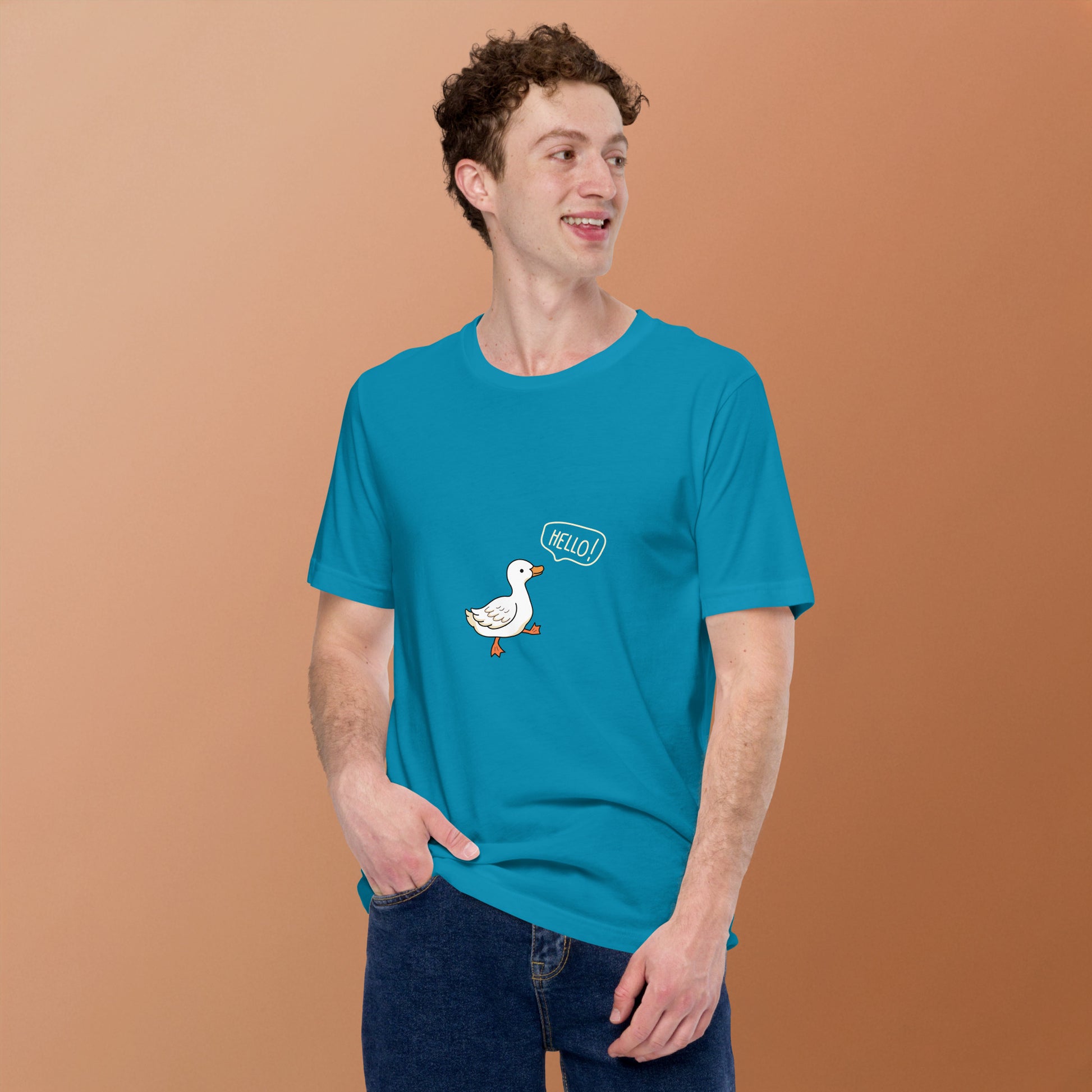 Quacksy T-Shirt image 55 in Aqua, size 2XL, showing front view for the Hello Duck design.