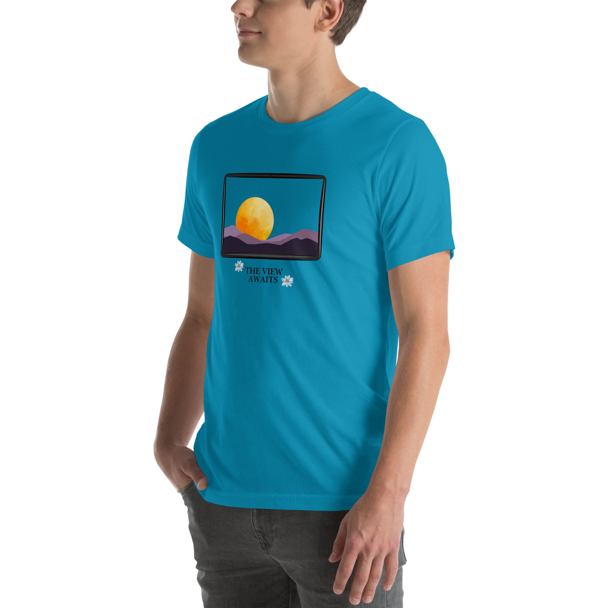 Avenor T-Shirt product image 70 in Heather Aqua, size 2XL, with front view, left-side angle and design placement.