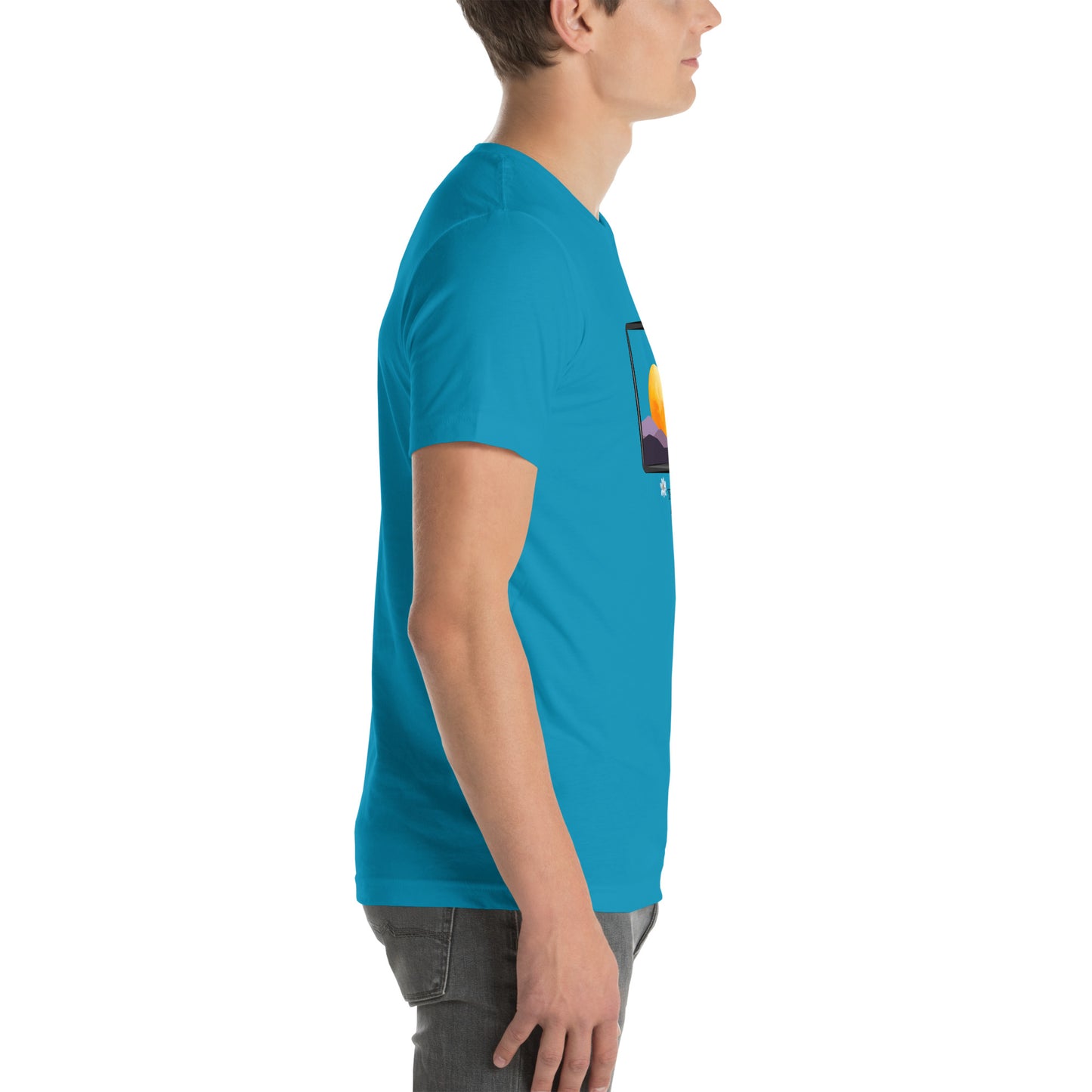 Avenor T-Shirt product image 71 in Heather Columbia Blue, size S, with right-side angle and design placement.
