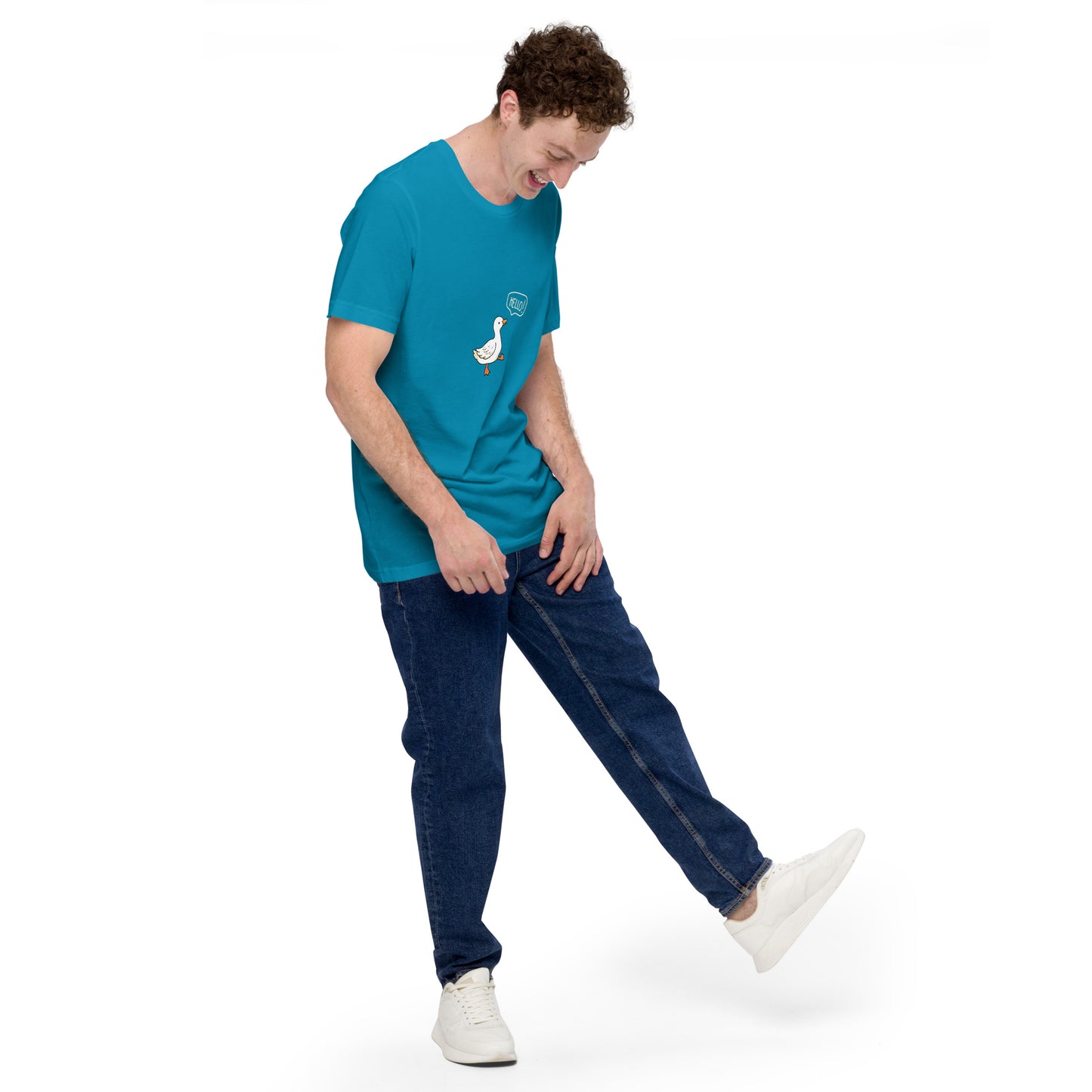 Quacksy T-Shirt image 52: Aqua version, size M with front view, right-side angle of the Hello Duck range.