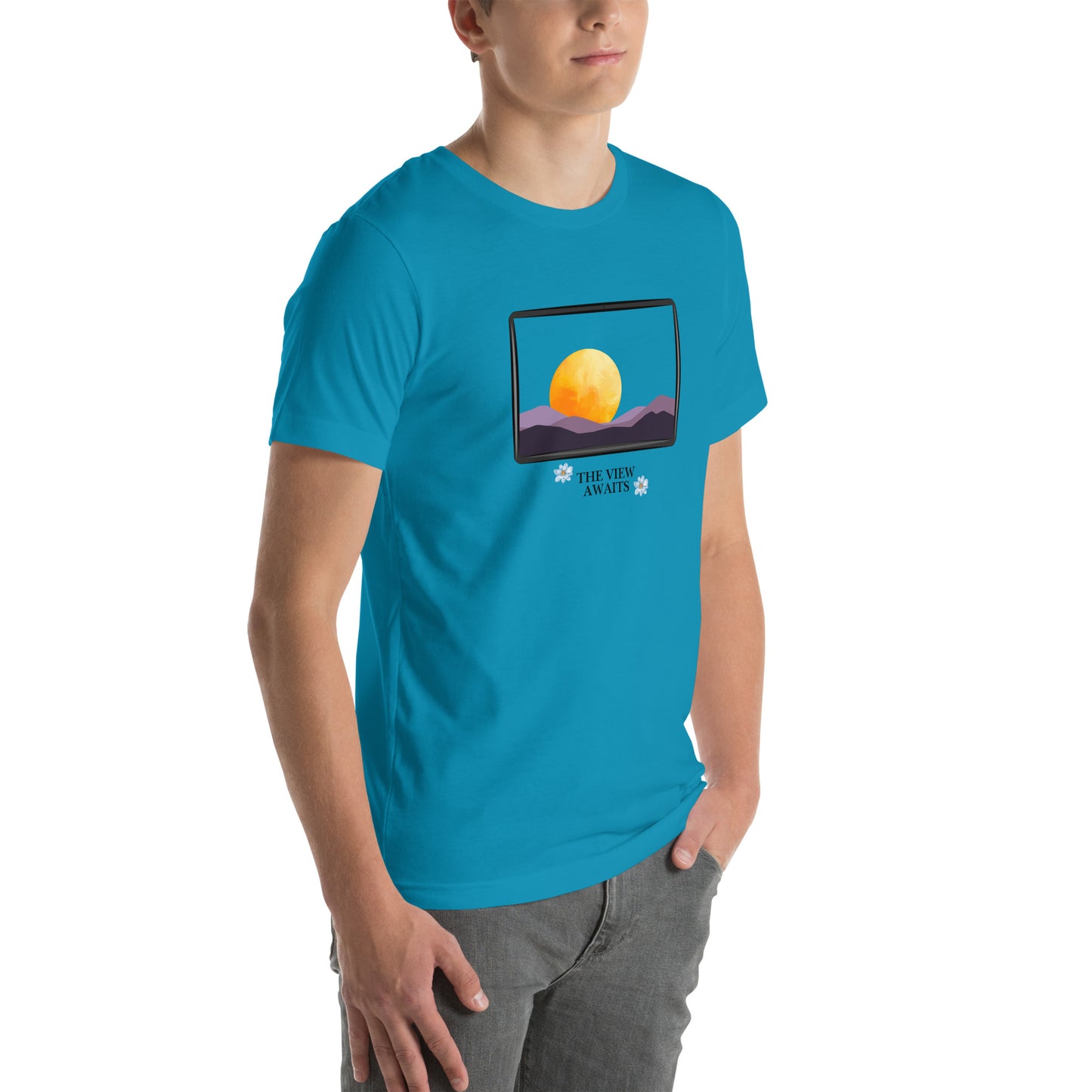 Image 72 of Heather Columbia Blue Avenor T-Shirt, size M, with The View Awaits artwork visible in front view, right-side angle.