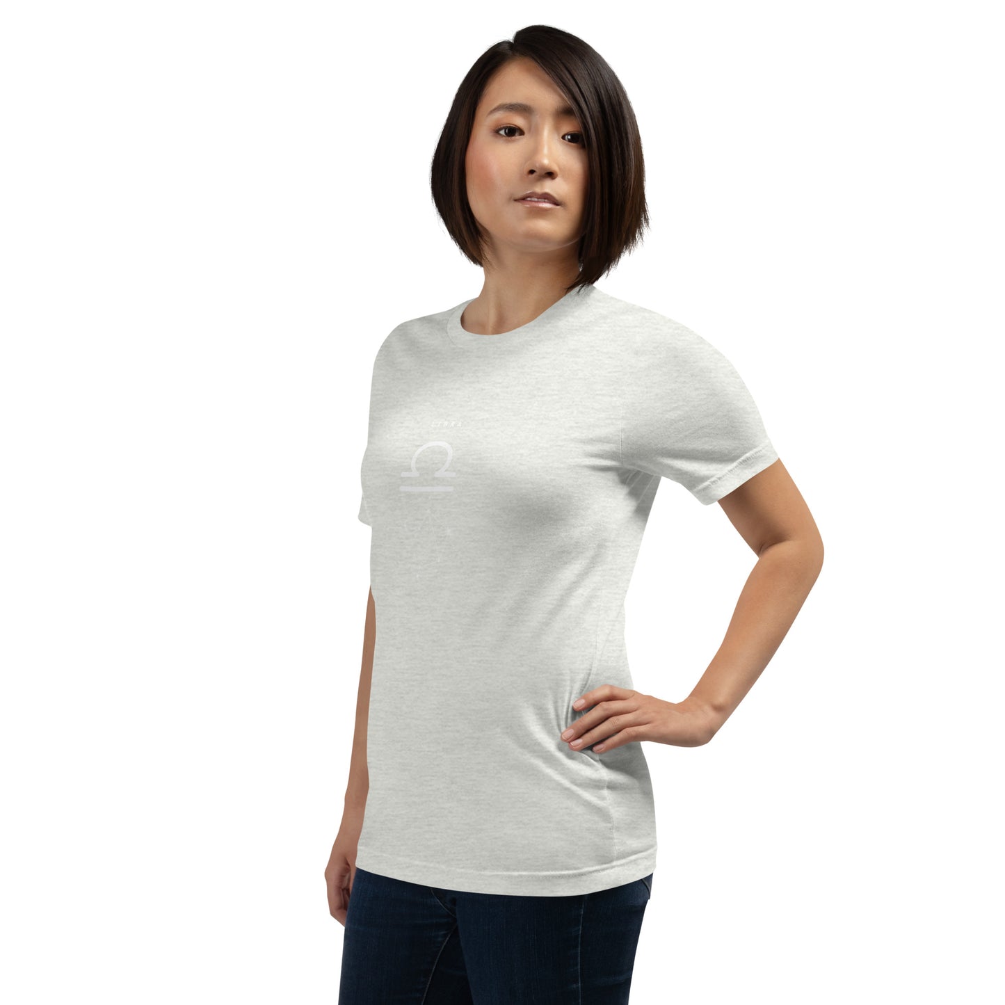 Image 100 of Heather Ice Blue Balance Court T-Shirt - Left Placement, size 2XL, with Libra artwork visible in front view, left-side angle.