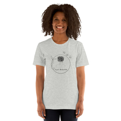 Image 23 of Athletic Heather Breathing Room T-Shirt - Left Placement, size M, with Just Breathe artwork visible in front view.