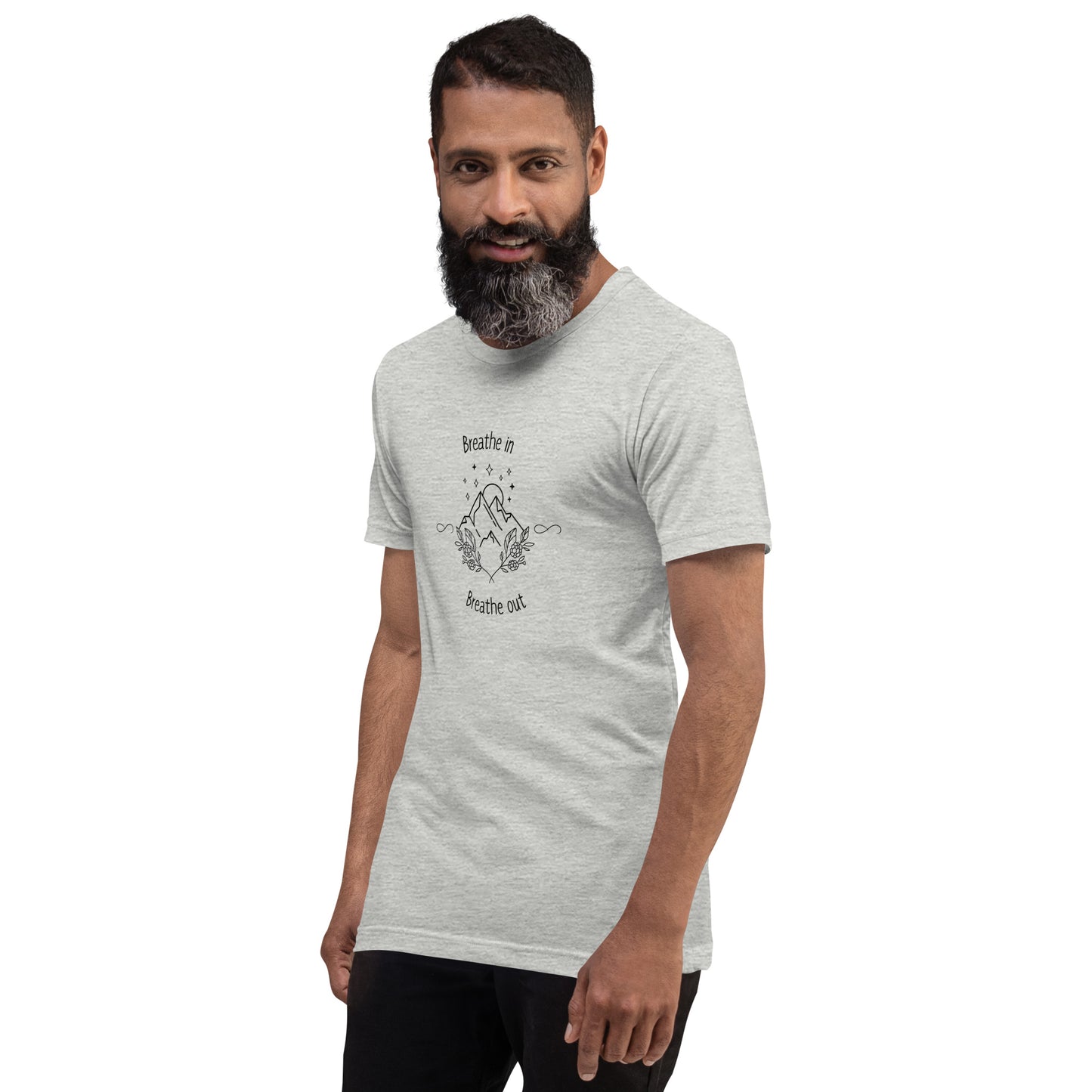 Image 23 of Soft Cream Exhale T-Shirt - Left Placement, size XL, with Breathe in and Breathe Out artwork visible in front view, left-side angle.