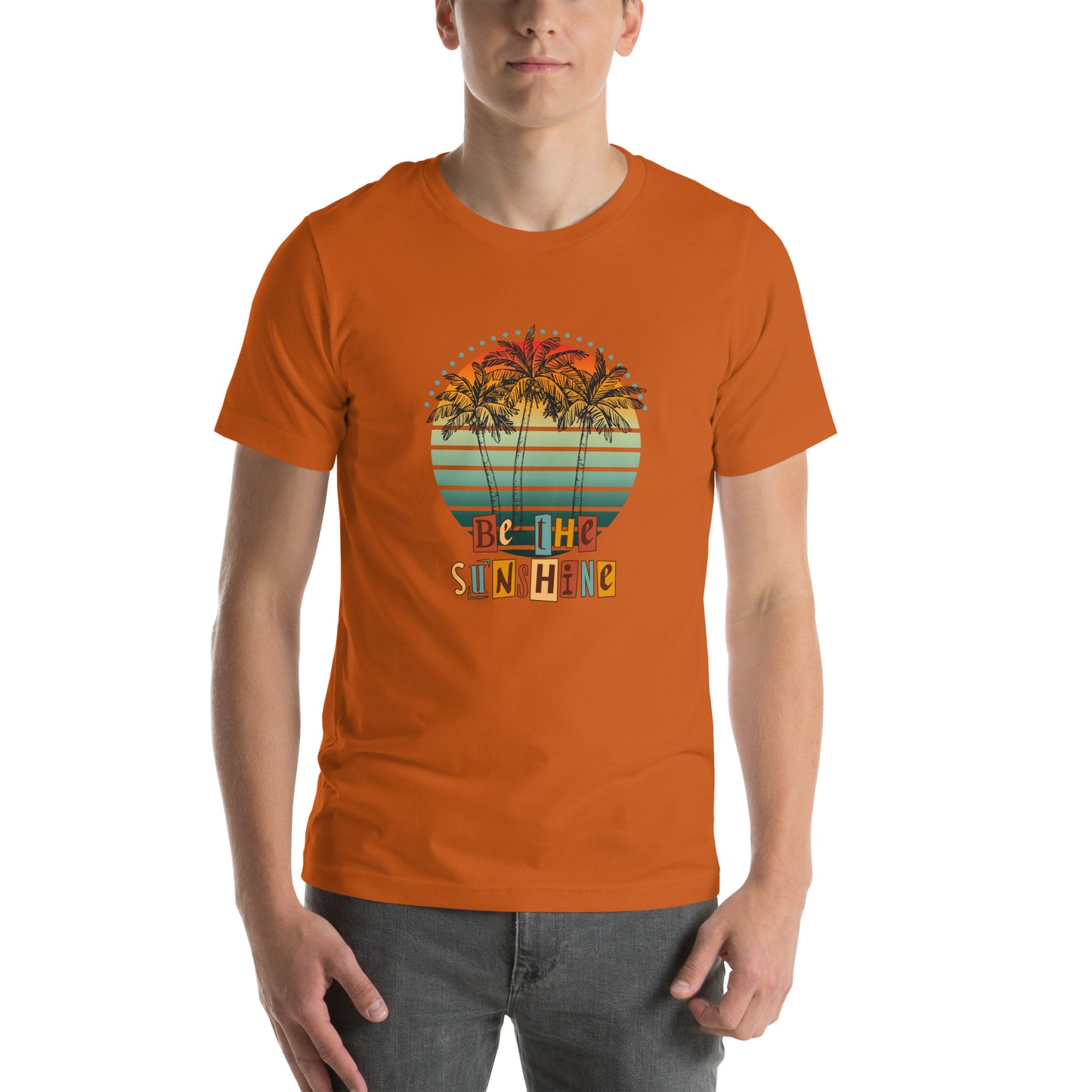 Image 49 of Heather Grass Green Solara T-Shirt, size XL, with Be the Sunshine artwork visible in front view.