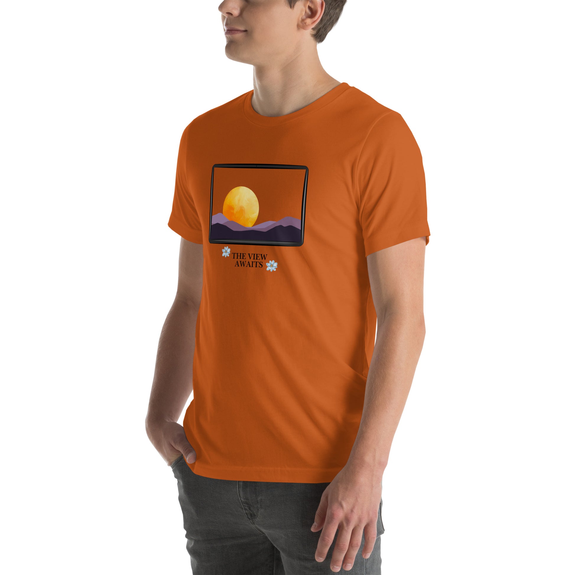 Image 58 of Aqua Avenor T-Shirt, size L, with The View Awaits artwork visible in front view, left-side angle.