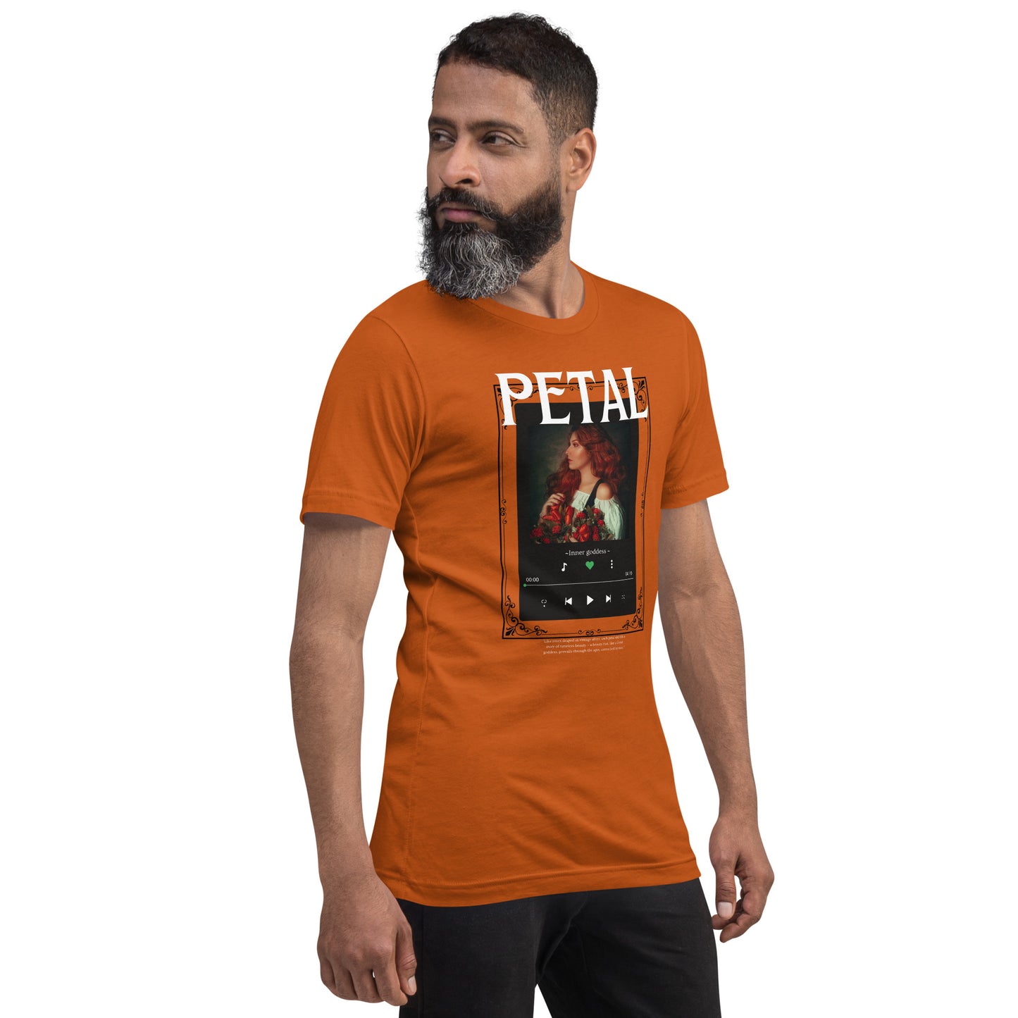 Petaline T-Shirt product image 48 in Heather Slate, size L, with front view, right-side angle and design placement.