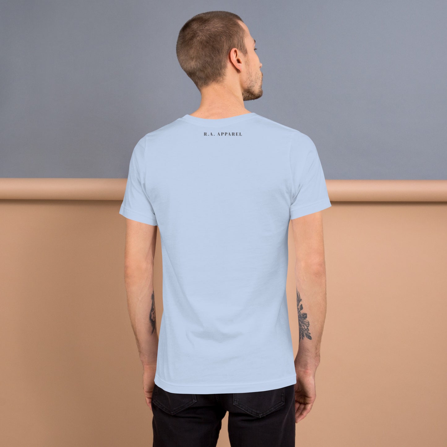 Image 8 of Athletic Heather Fortitude T-Shirt - Left Placement 75, size L, with Soldier On artwork visible in back view.