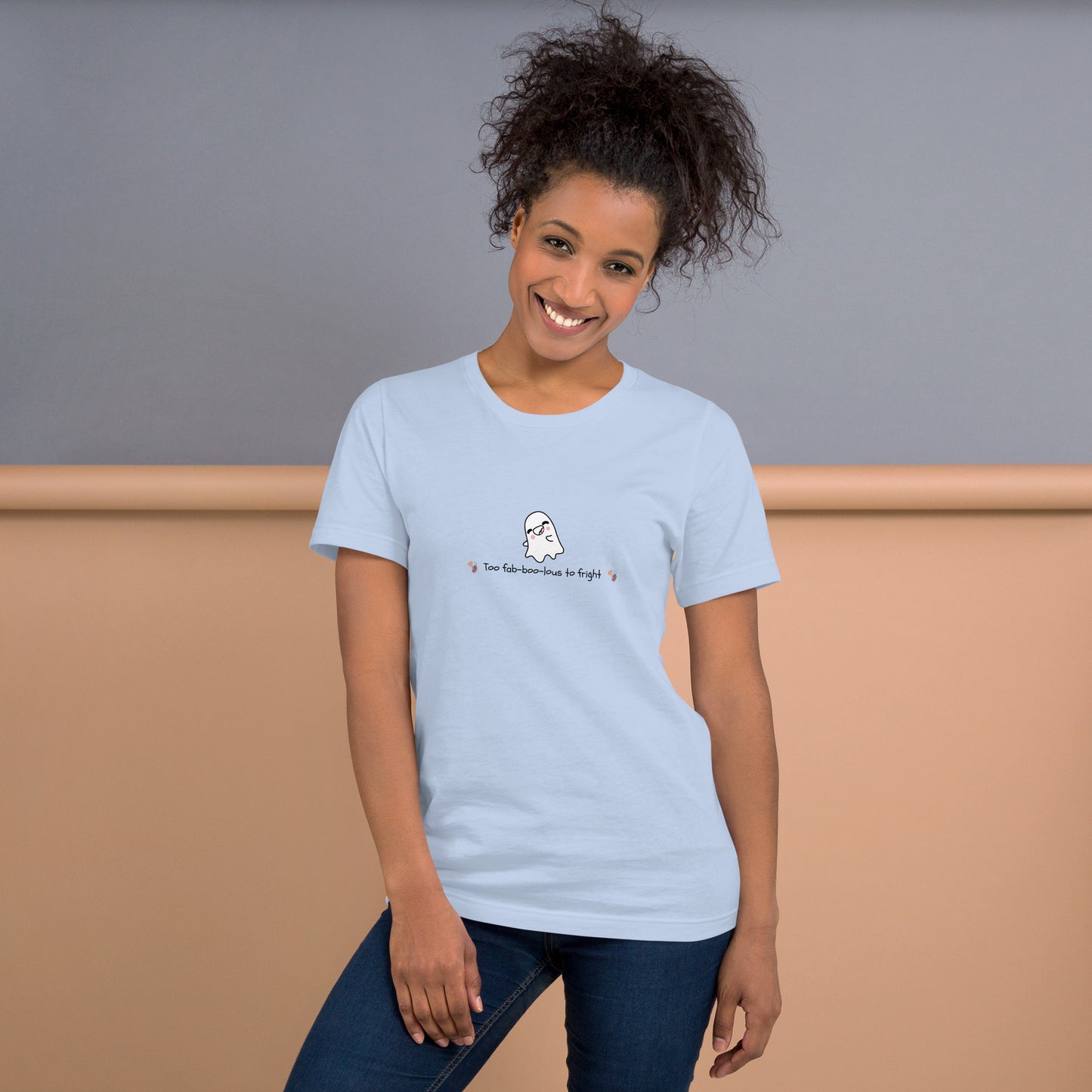 Boo Luxe T-Shirt - Left Placement image 7: Ocean Blue version, size S with front view of the Fa Boo Lous range.