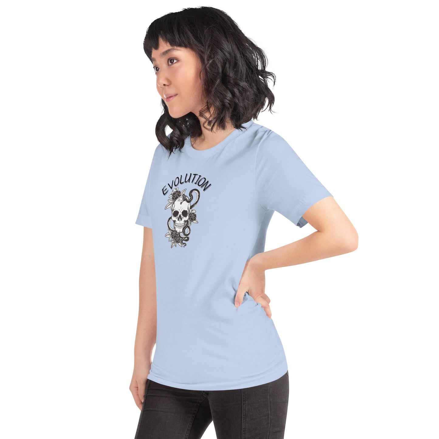 Image 3 of Pink Evolution T-Shirt - Left Placement, size L, with Evolution artwork visible in front view, left-side angle.
