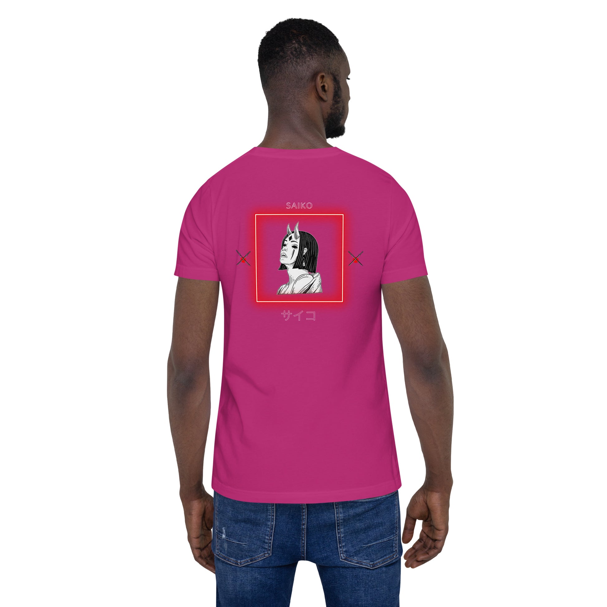 Saiko T-Shirt - Left Placement 34 by R.A. Apparel, image 3, back view, Black Heather, size L, left placement.