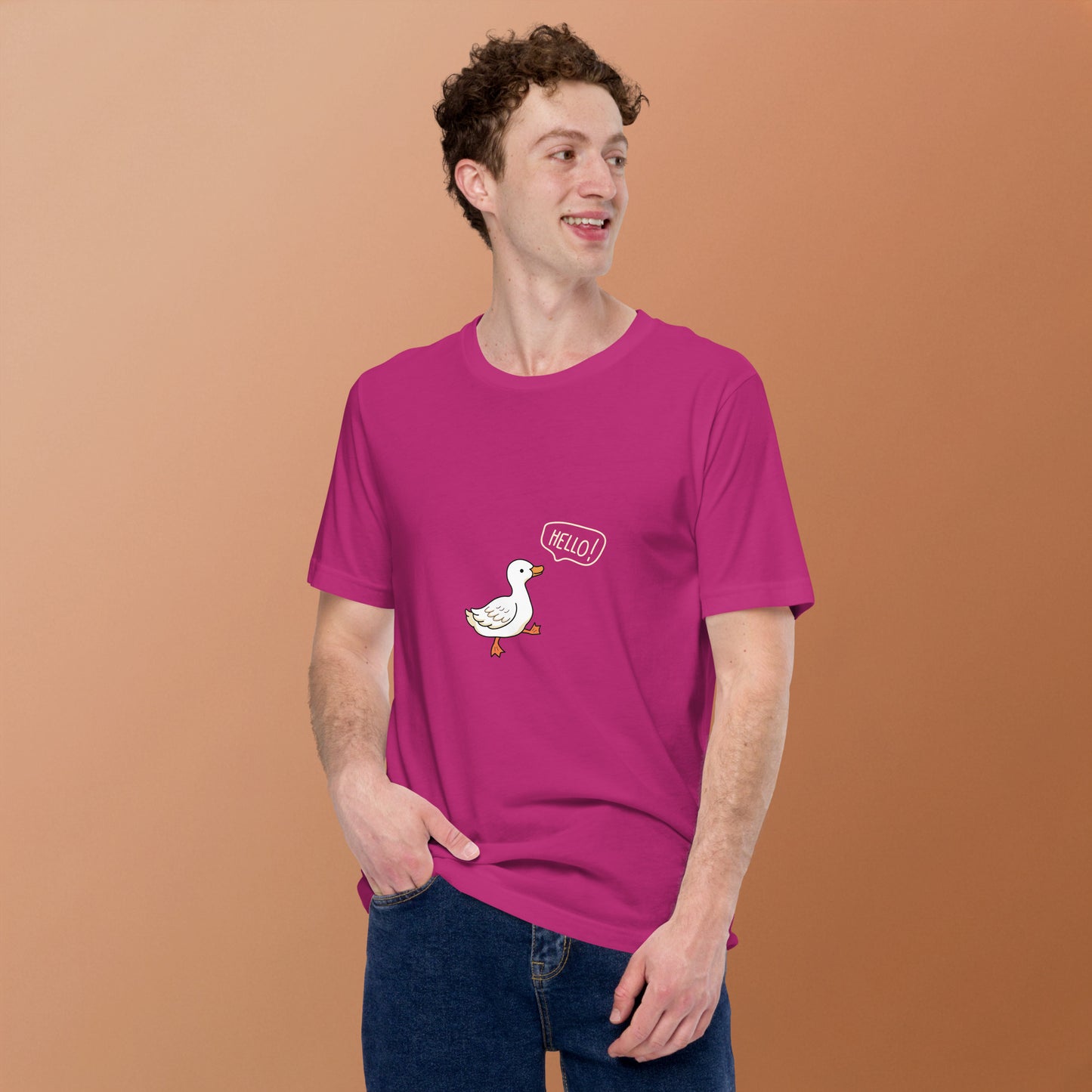 Quacksy T-Shirt image 40 in Berry, size 2XL, showing front view for the Hello Duck design.