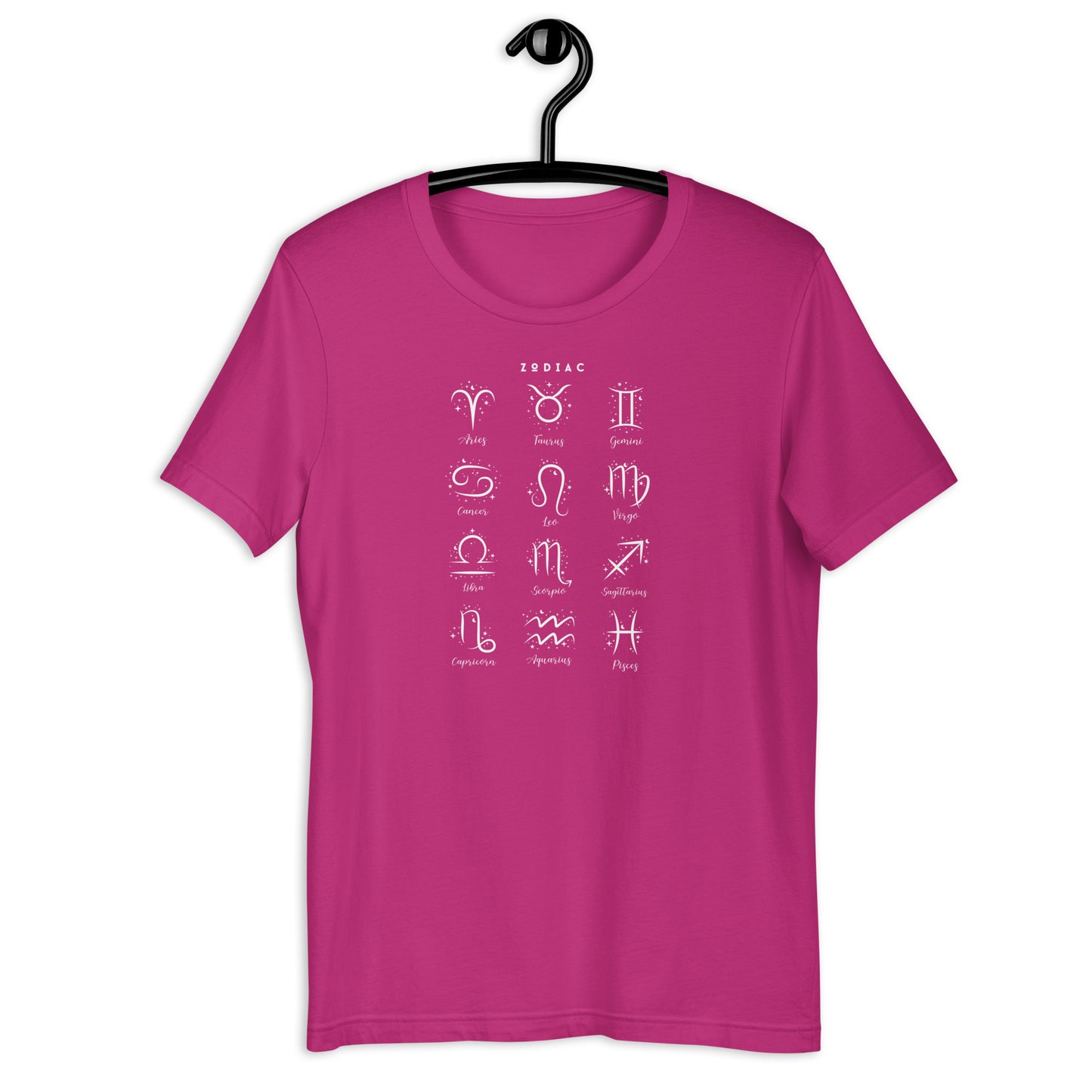 Astral Circle T-Shirt - Left Placement image 3: Black Heather version, size L with front view of the Zodiac range.
