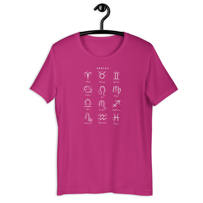 Astral Circle T-Shirt - Left Placement image 3: Black Heather version, size L with front view of the Zodiac range.