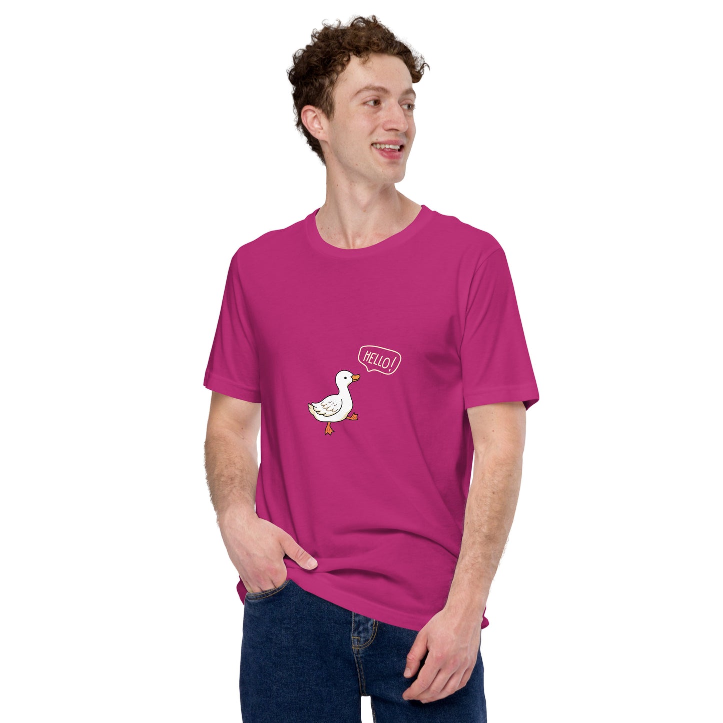 Quacksy T-Shirt image 36 in Berry, size S, showing front view for the Hello Duck design.