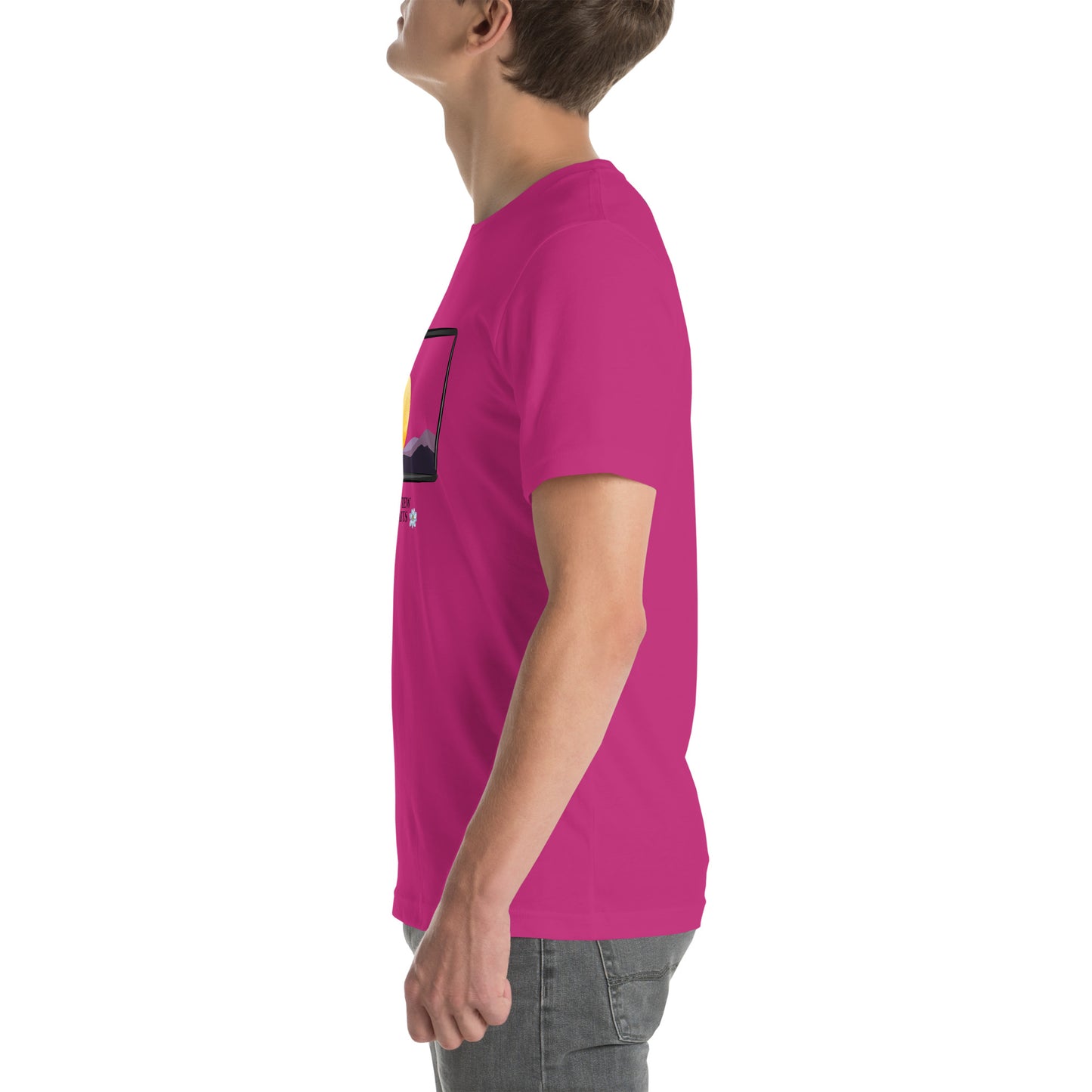 Avenor T-Shirt product image 51 in Heather Grass Green, size S, with left-side angle and design placement.