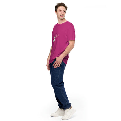 Quacksy T-Shirt by R.A. Apparel, image 38, front view, left-side angle, Berry, size L, design placement.