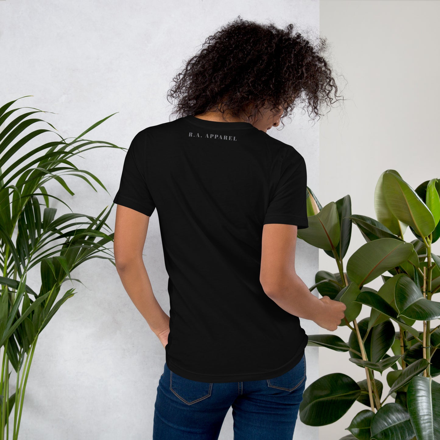 Image 2 of Black Heather Tideborn T-Shirt - Left Placement, size M, with Pisces artwork visible in back view.