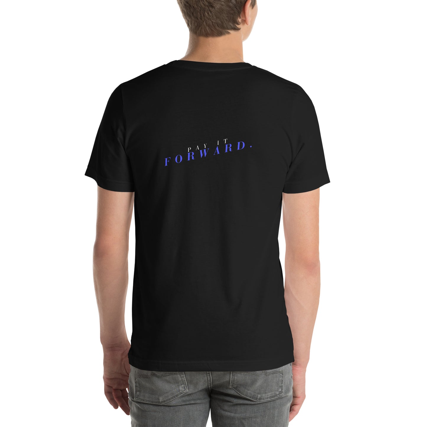 Forward Kind T-Shirt - Left Placement 77 image 5: Black Heather version, size XL with back view of the Pay It Forward range.
